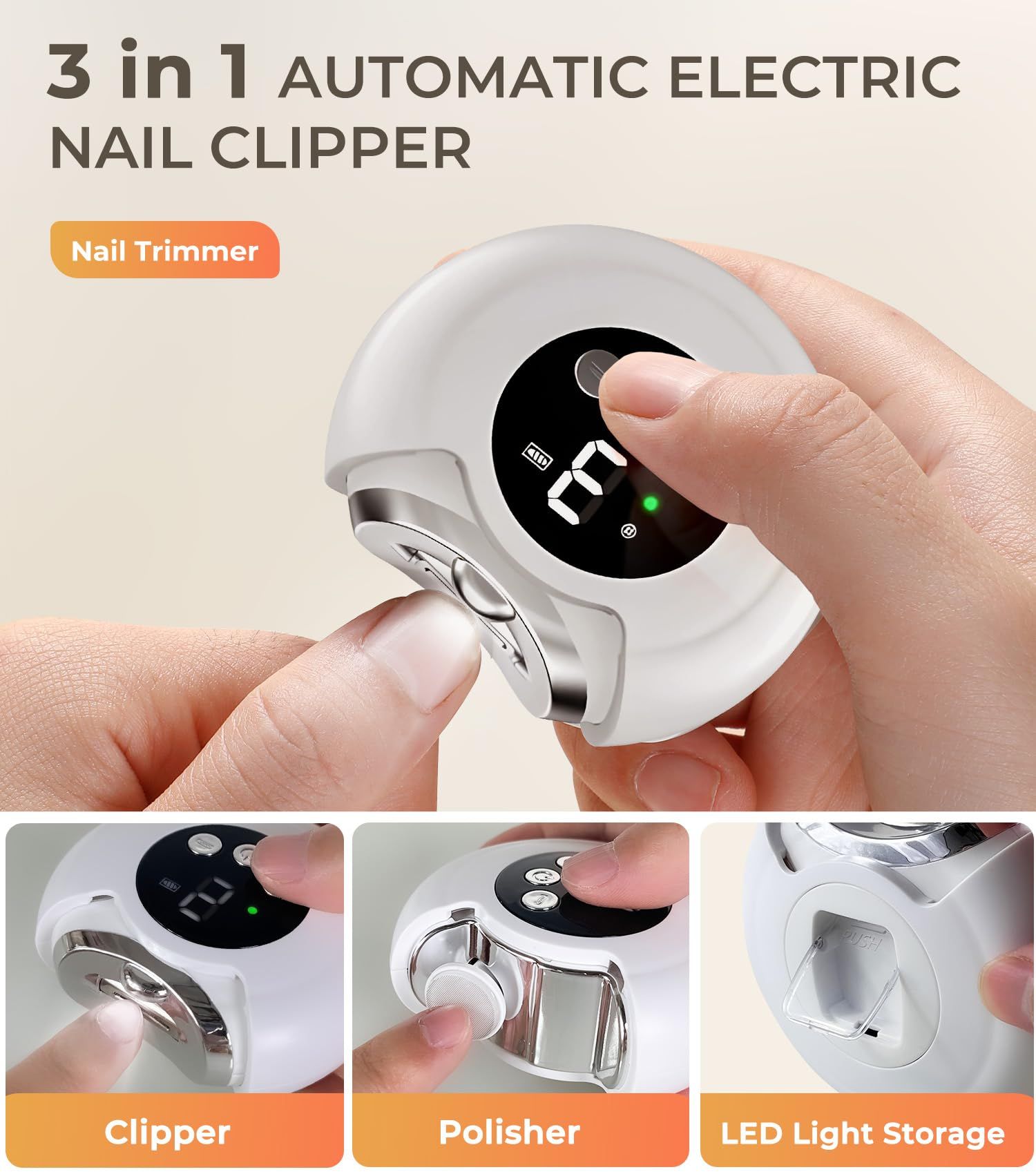 New 3-in-1 Electric Nail Clippers,360° Rotation, 3-Speeds, Polishing Automatic Nail Trimmer with Nail Chip Storage &  Light, Rechargeable Safety Trimmer for Women, Men, Baby, Seniors8.8*8.5*3.7cm - Image 2