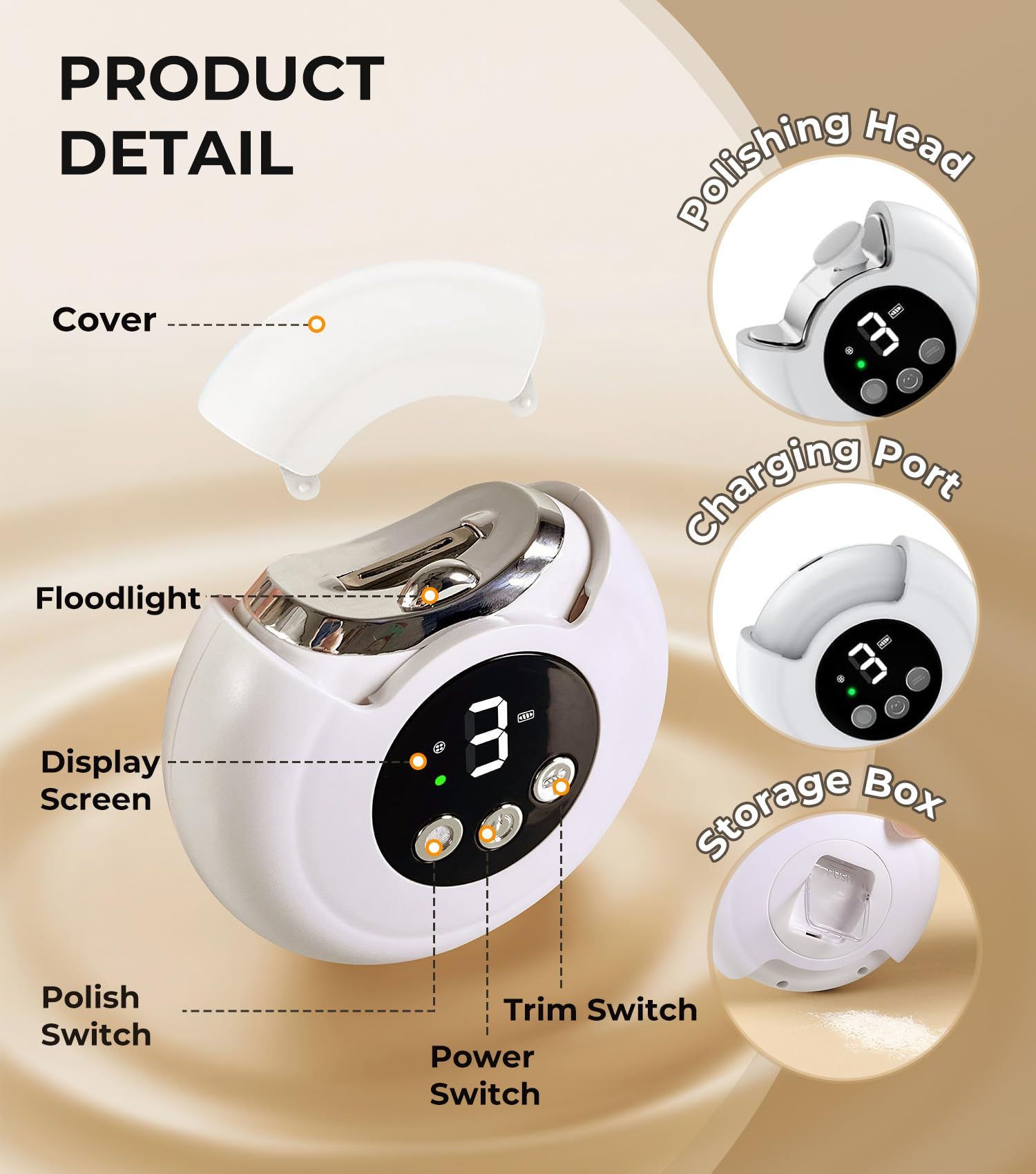 New 3-in-1 Electric Nail Clippers,360° Rotation, 3-Speeds, Polishing Automatic Nail Trimmer with Nail Chip Storage &  Light, Rechargeable Safety Trimmer for Women, Men, Baby, Seniors8.8*8.5*3.7cm - Image 4