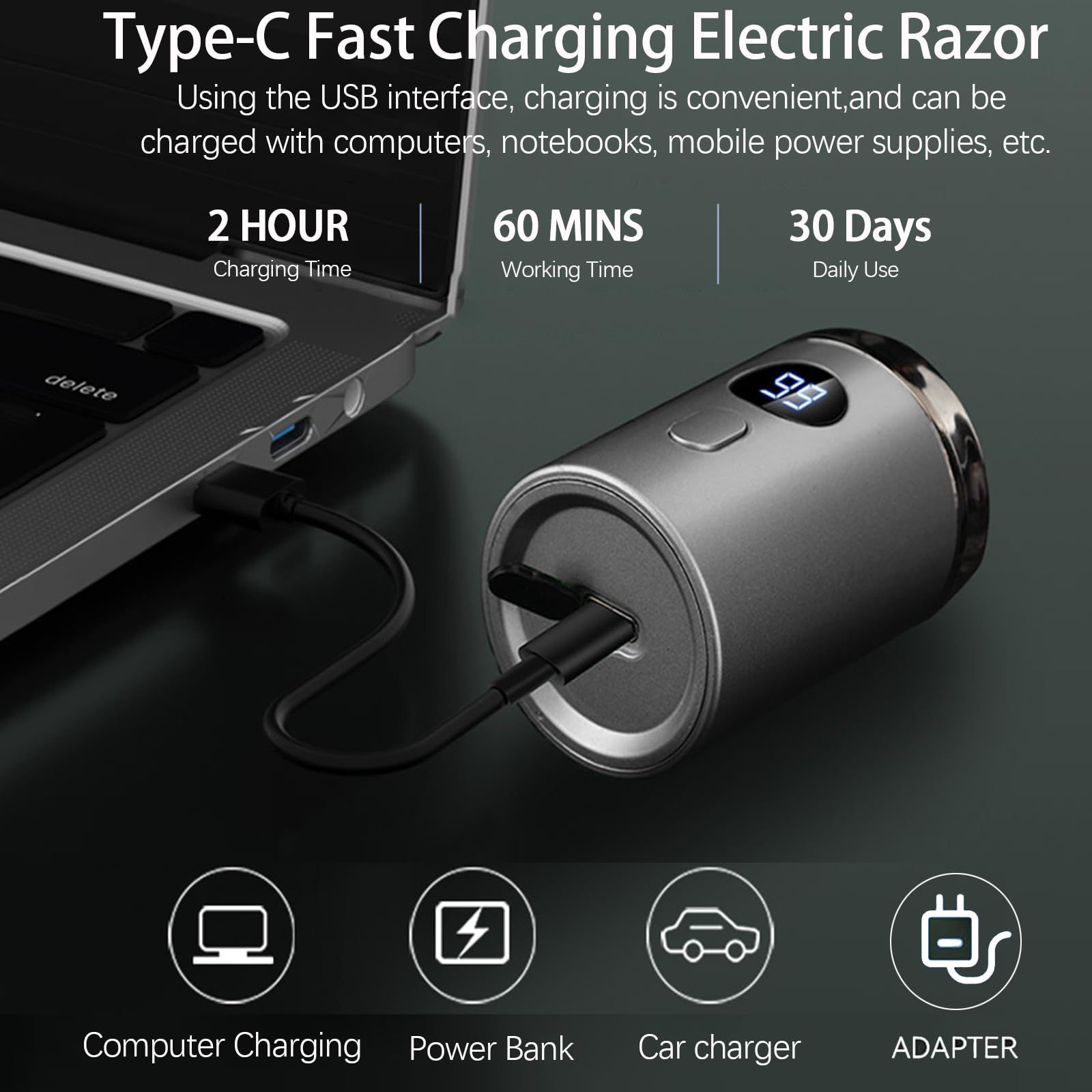Electric Mini Razor Pockets Shaver for Men,Floating Big Shave Head Quick Shave, Waterproof Mini Portable Shaver, Charge  Power Display Mini Trimmer, Great for Travel,Car,Home Use (Gray) - Image 3
