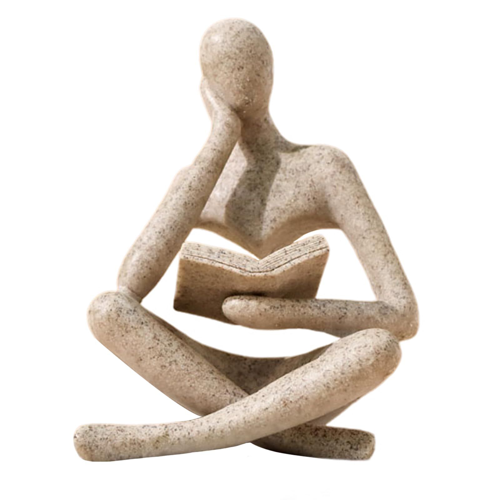 Bookshelf Decor Thinker Statue - Abstract Art Reading Thinker Sculpture Figurine Aesthetic, Modern Home Decoration for Living Room Office Shelves Coffee Table Desk Decor(Beige)8.5*6*11.5cm - Image 1