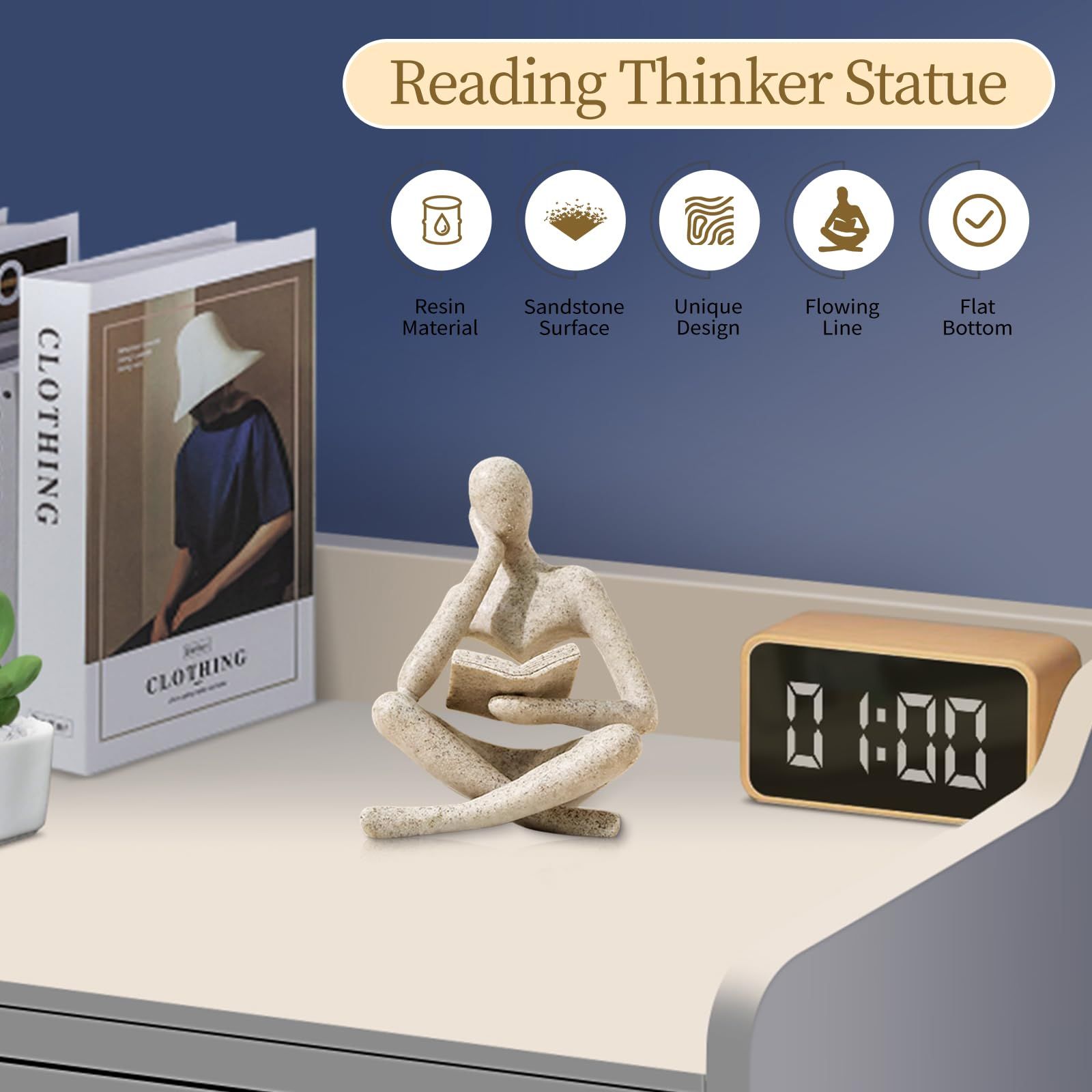 Bookshelf Decor Thinker Statue - Abstract Art Reading Thinker Sculpture Figurine Aesthetic, Modern Home Decoration for Living Room Office Shelves Coffee Table Desk Decor(Beige)8.5*6*11.5cm - Image 2