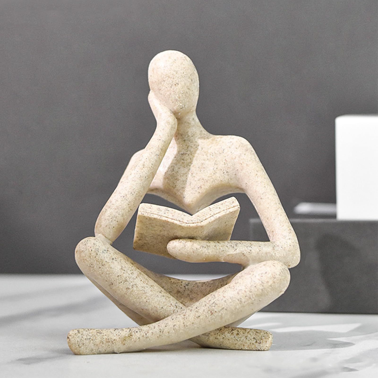 Bookshelf Decor Thinker Statue - Abstract Art Reading Thinker Sculpture Figurine Aesthetic, Modern Home Decoration for Living Room Office Shelves Coffee Table Desk Decor(Beige)8.5*6*11.5cm - Image 5