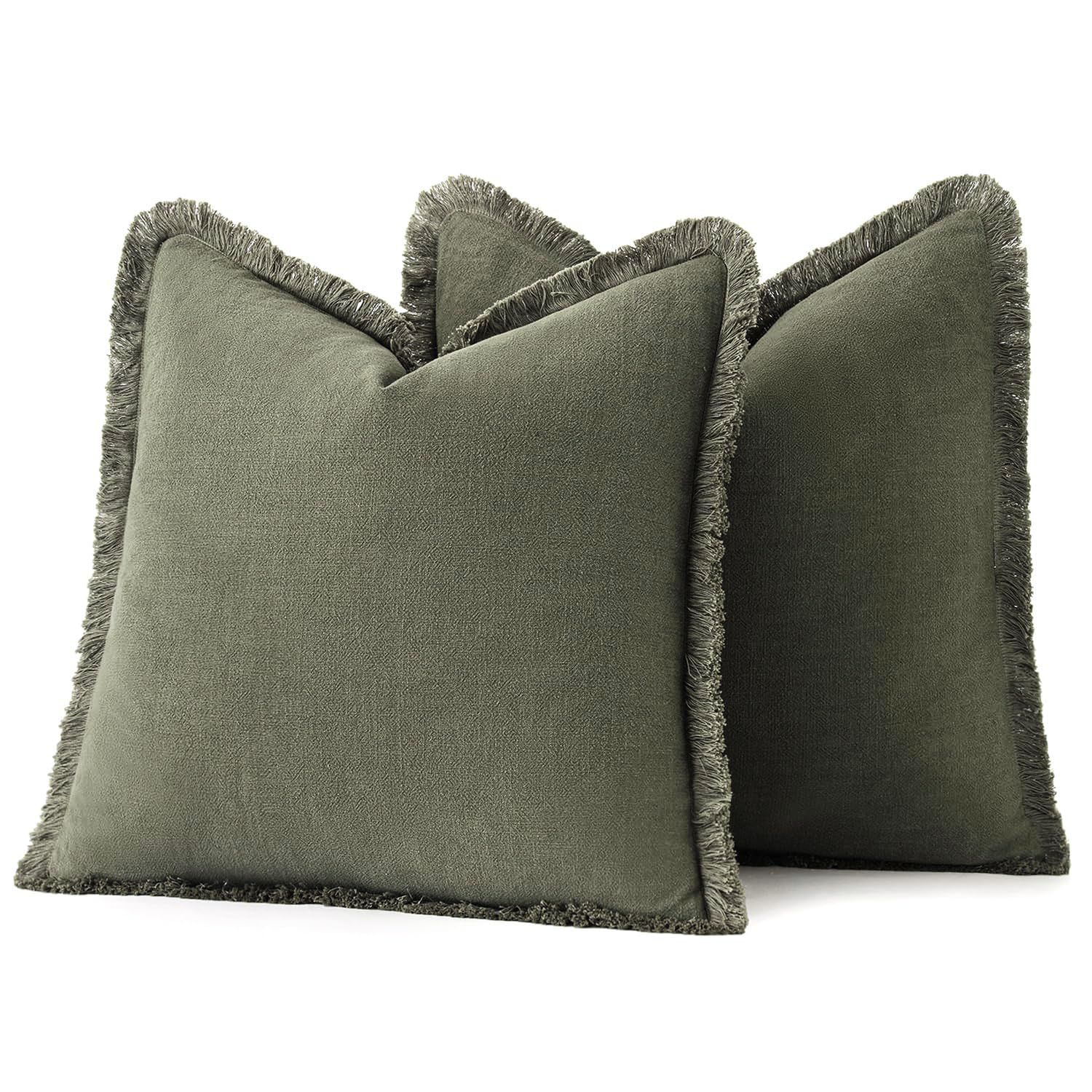 Set of 2 Decorative Linen Fringe Throw Pillow Covers Cozy Boho Farmhouse Cushion Cover with Tassels Soft Accent Pillowcase for Couch Sofa Bed Living Room Home Decor,20×20 Inch,Olive Green（The packaging only includes two pillowcases and does not include th - Image 1