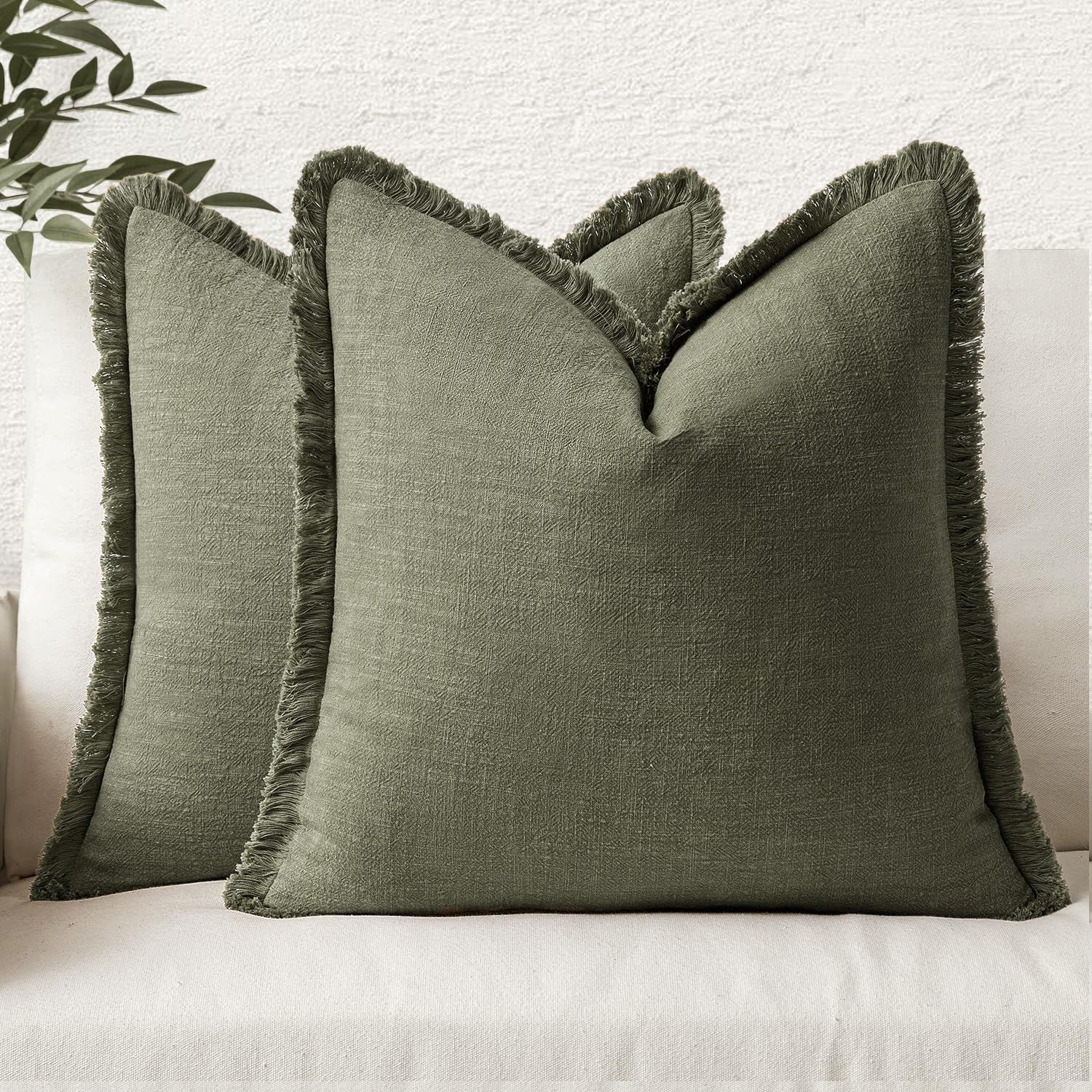 Set of 2 Decorative Linen Fringe Throw Pillow Covers Cozy Boho Farmhouse Cushion Cover with Tassels Soft Accent Pillowcase for Couch Sofa Bed Living Room Home Decor,20×20 Inch,Olive Green（The packaging only includes two pillowcases and does not include th - Image 2