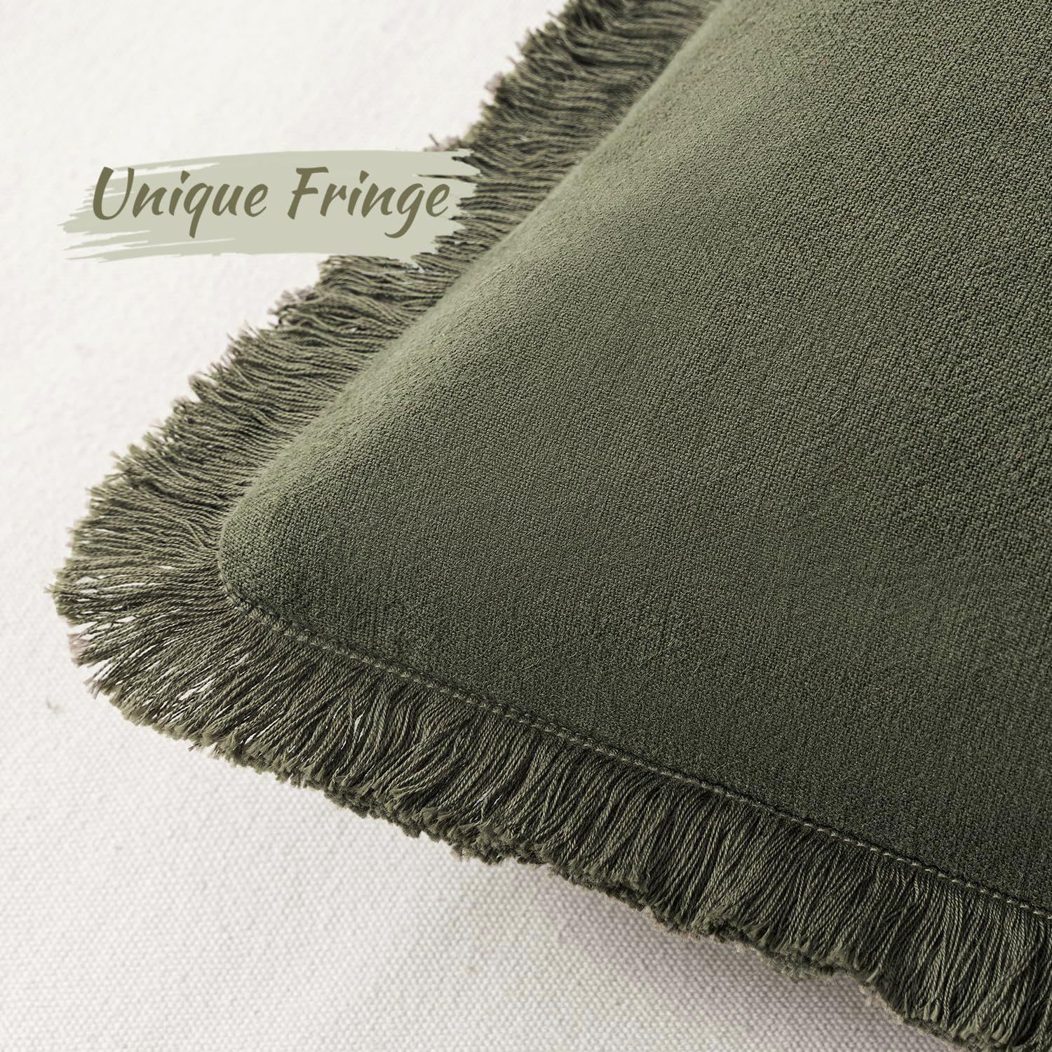 Set of 2 Decorative Linen Fringe Throw Pillow Covers Cozy Boho Farmhouse Cushion Cover with Tassels Soft Accent Pillowcase for Couch Sofa Bed Living Room Home Decor,20×20 Inch,Olive Green（The packaging only includes two pillowcases and does not include th - Image 3