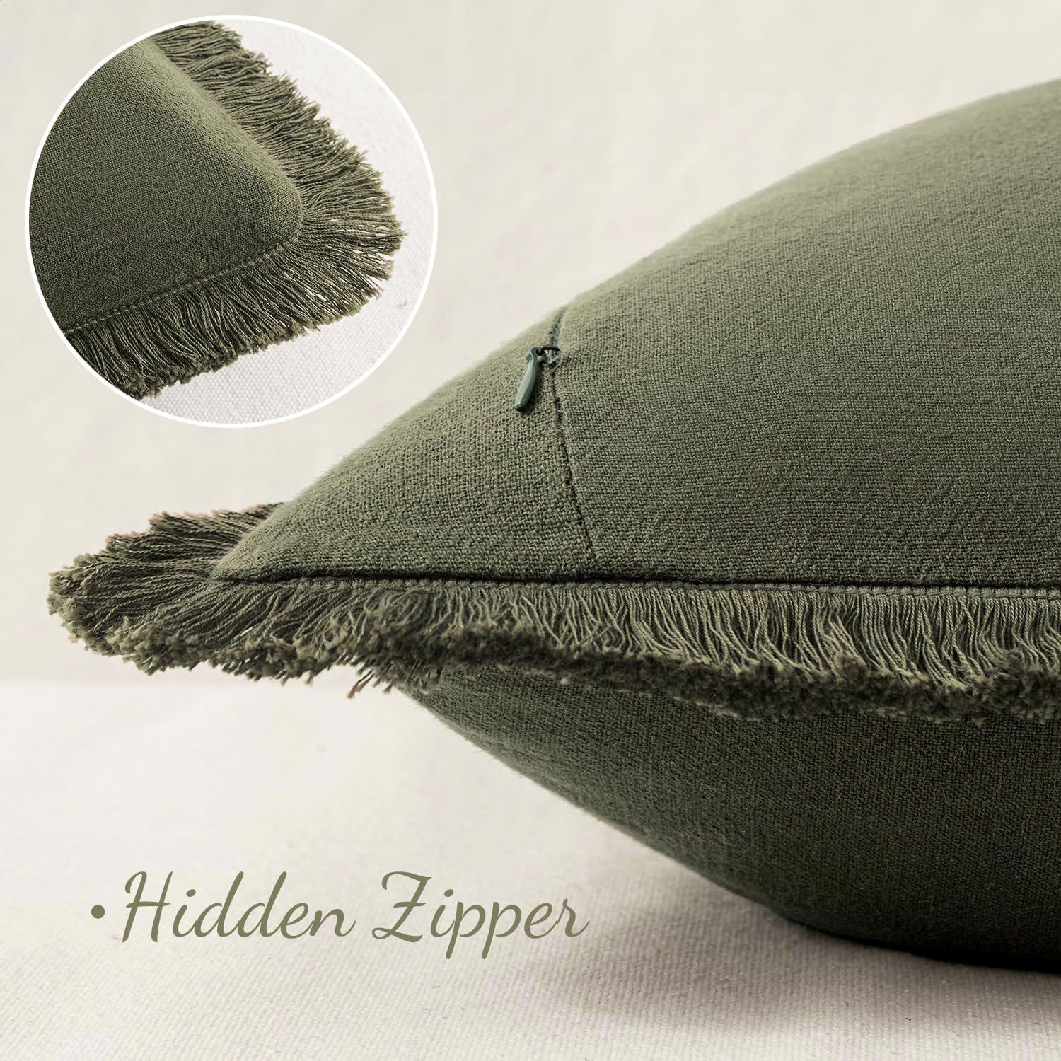 Set of 2 Decorative Linen Fringe Throw Pillow Covers Cozy Boho Farmhouse Cushion Cover with Tassels Soft Accent Pillowcase for Couch Sofa Bed Living Room Home Decor,20×20 Inch,Olive Green（The packaging only includes two pillowcases and does not include th - Image 4