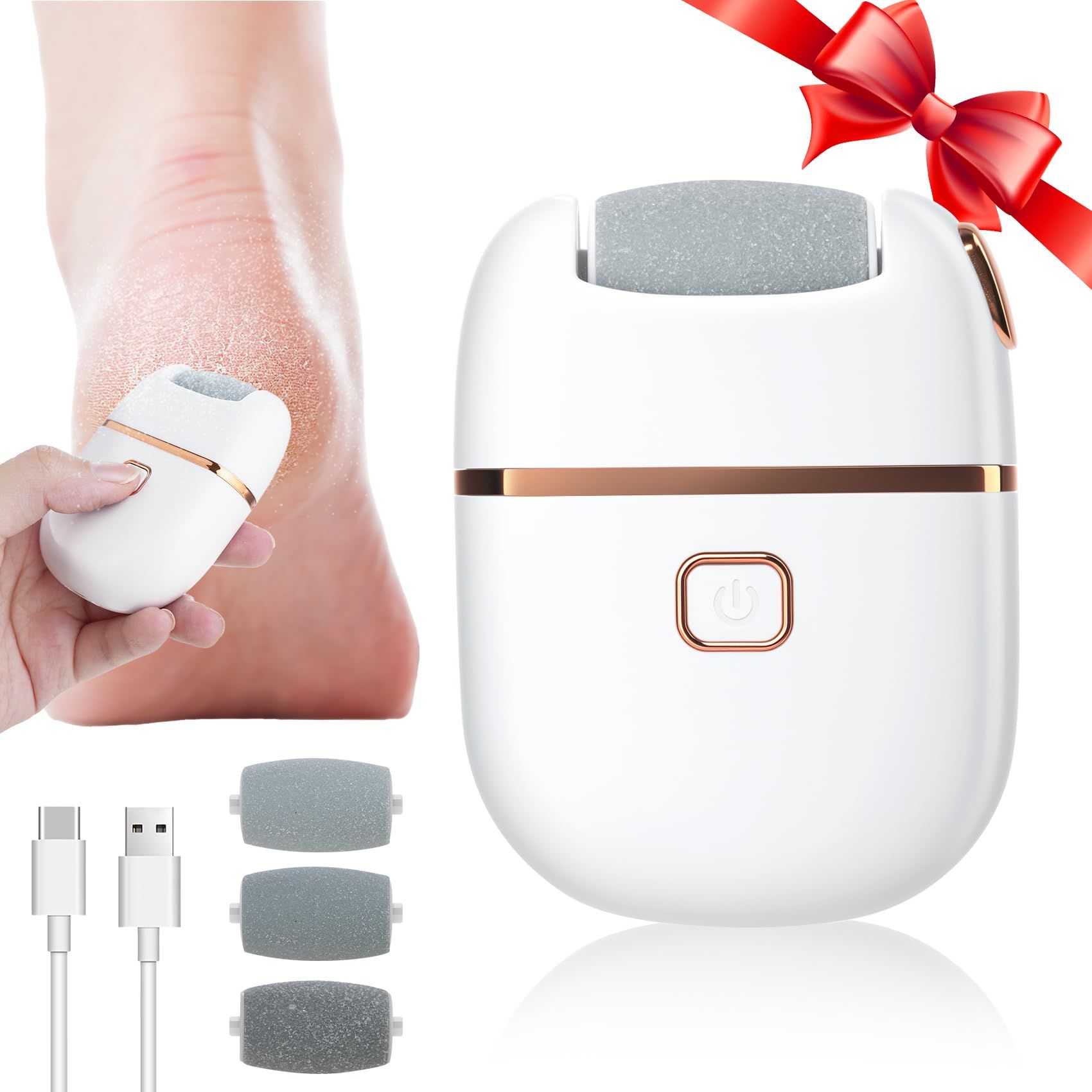 Electric Foot File Electric Foot Callus Remover,  Rechargeable Pedicure Tools for Feet, 2 Speeds, 3 Grinding Head Replacement Set for Dead Hard Cracked Dry Skin - White（13.5*11*3.3CM
） - Image 1