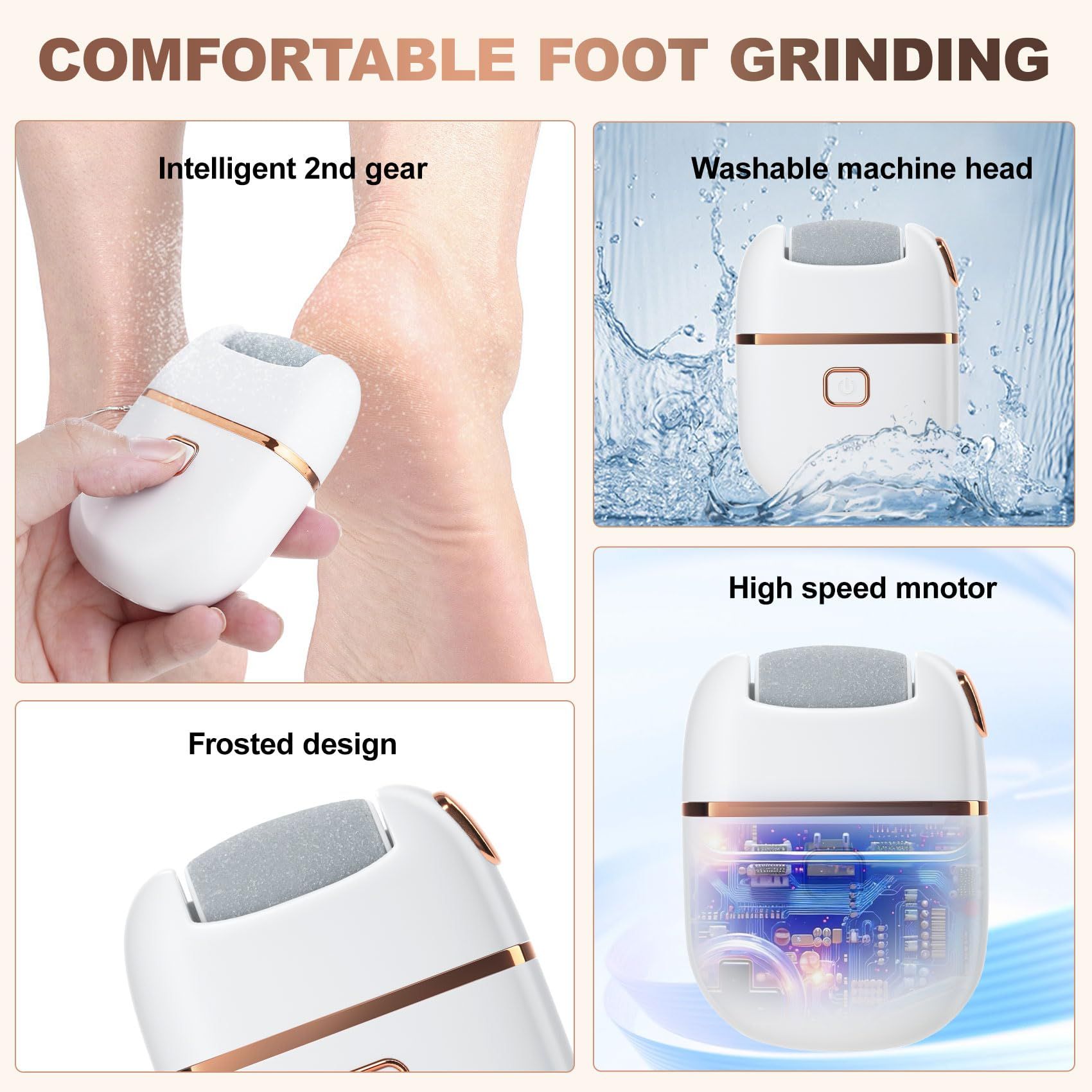 Electric Foot File Electric Foot Callus Remover,  Rechargeable Pedicure Tools for Feet, 2 Speeds, 3 Grinding Head Replacement Set for Dead Hard Cracked Dry Skin - White（13.5*11*3.3CM
） - Image 2