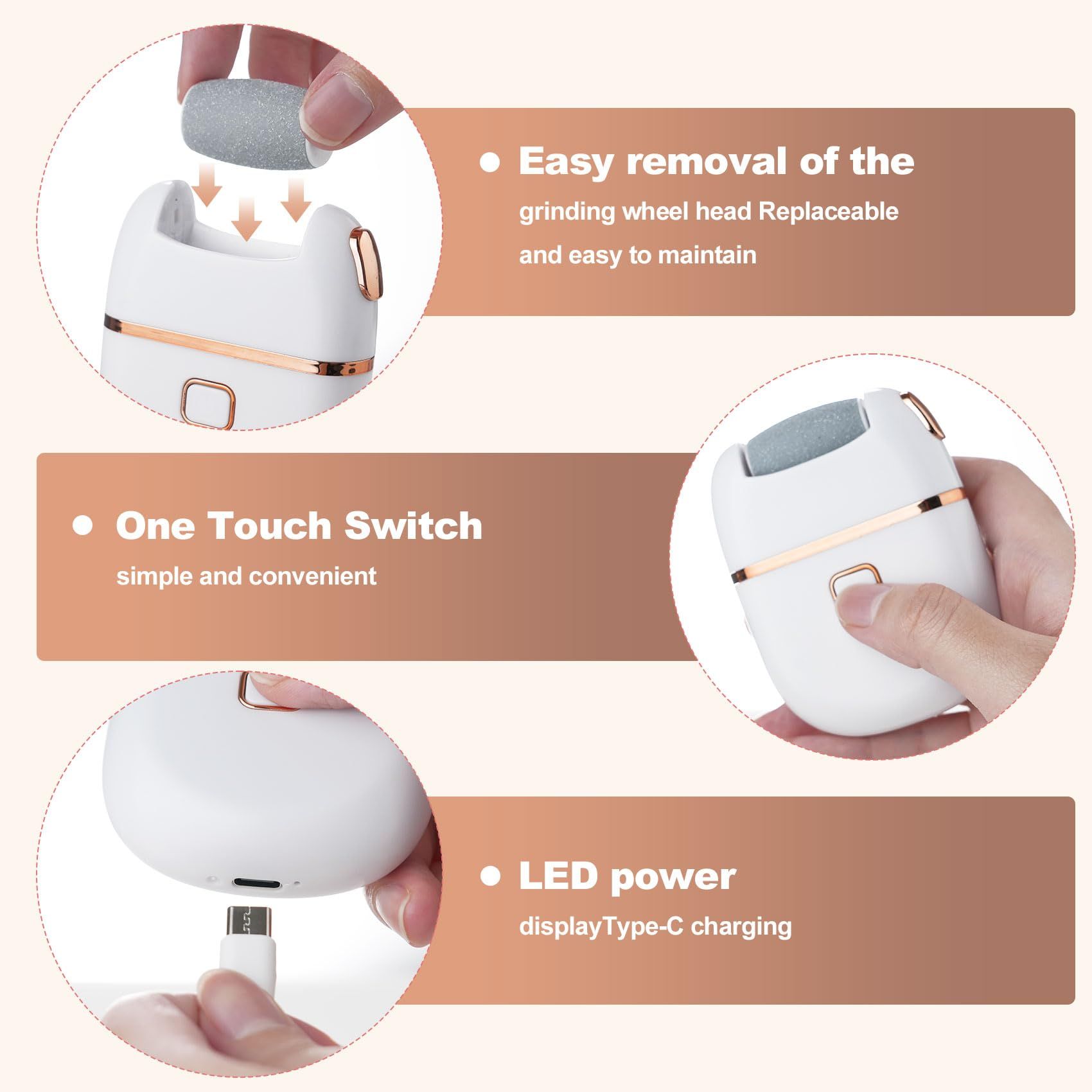Electric Foot File Electric Foot Callus Remover,  Rechargeable Pedicure Tools for Feet, 2 Speeds, 3 Grinding Head Replacement Set for Dead Hard Cracked Dry Skin - White（13.5*11*3.3CM
） - Image 3