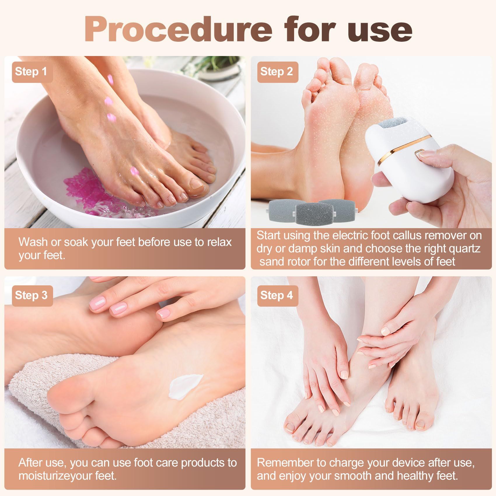 Electric Foot File Electric Foot Callus Remover,  Rechargeable Pedicure Tools for Feet, 2 Speeds, 3 Grinding Head Replacement Set for Dead Hard Cracked Dry Skin - White（13.5*11*3.3CM
） - Image 4