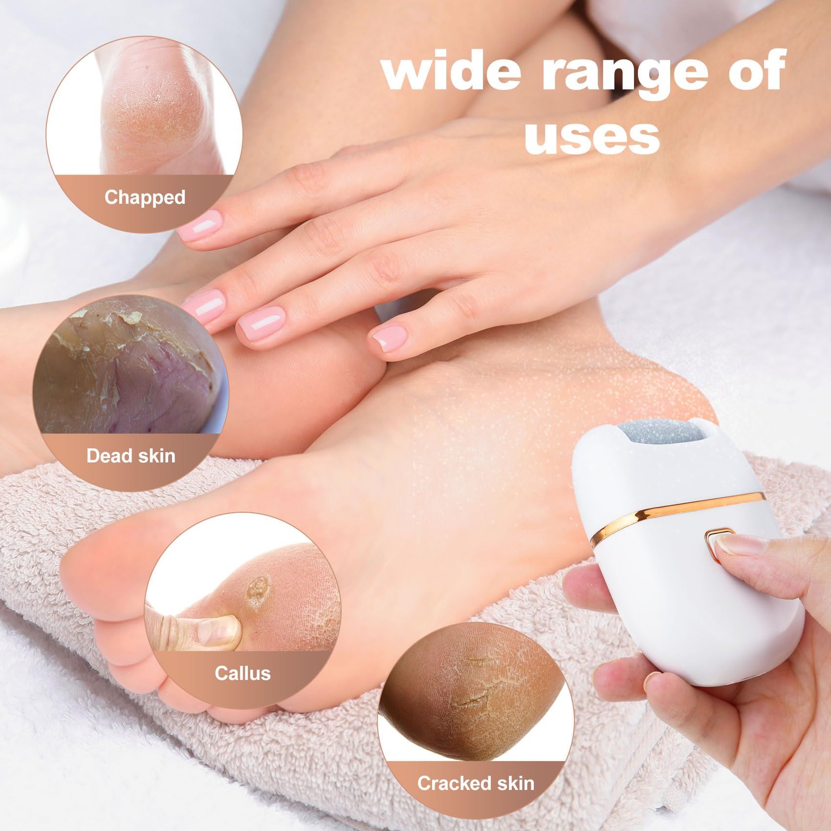 Electric Foot File Electric Foot Callus Remover,  Rechargeable Pedicure Tools for Feet, 2 Speeds, 3 Grinding Head Replacement Set for Dead Hard Cracked Dry Skin - White（13.5*11*3.3CM
） - Image 5
