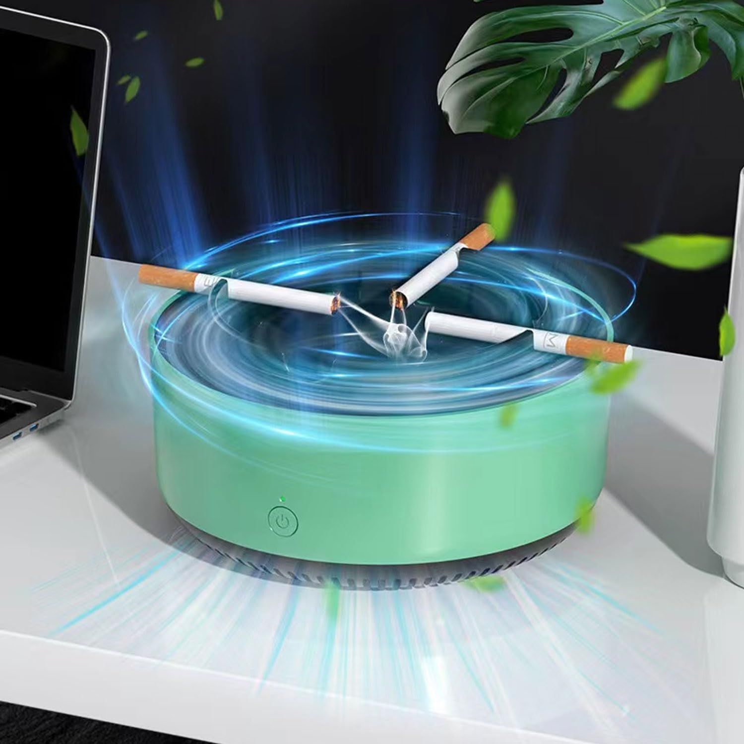 2 in 1 Multifunctional indoor smokeless ashtray, 360 °surround suction intelligent air purifier ashtray, indoor household car intelligent ashtray (Green）2pcs - Image 2