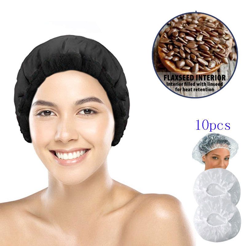 Flaxseed Deep Conditioning Heat Cap -Cordless Safe Microwave Hot Cap for Natural Curly Textured Hair Care, Drying, Styling, Curling, Universal size (10 PCS One-time shower cap) (Black) - Image 3