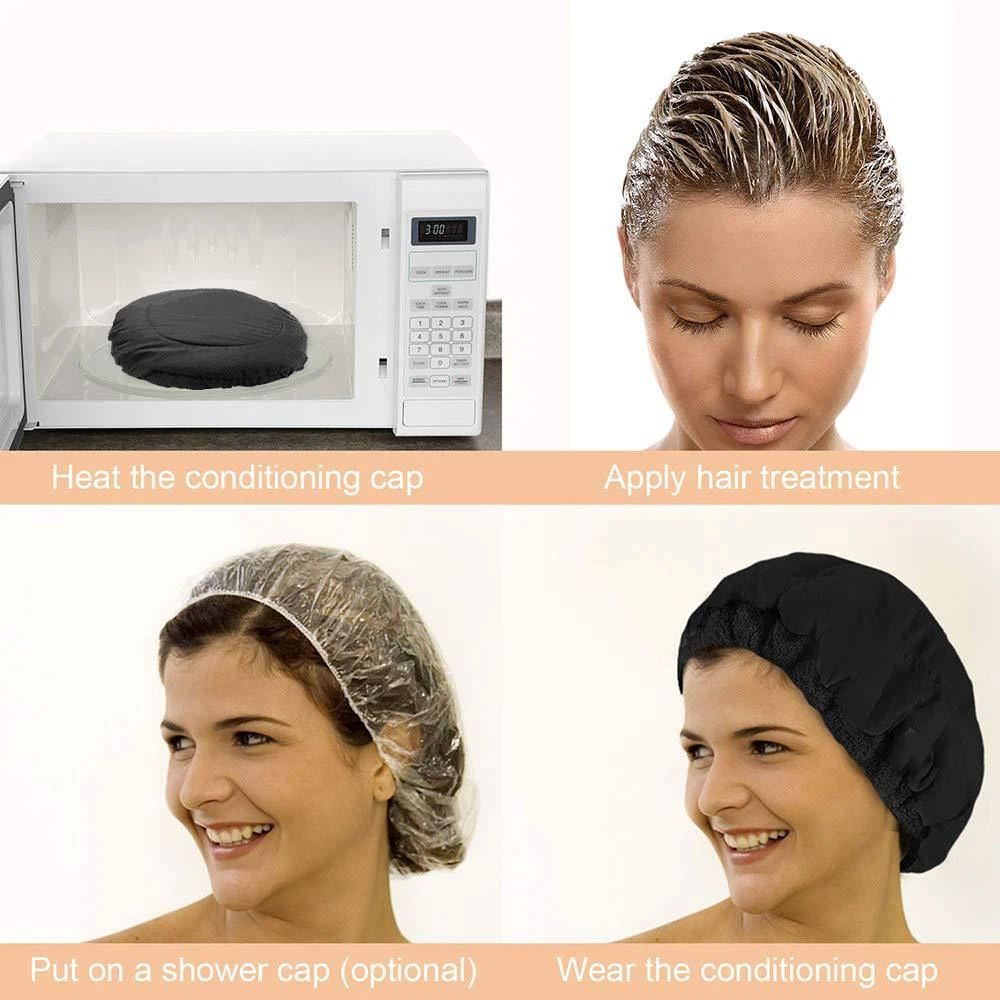 Flaxseed Deep Conditioning Heat Cap -Cordless Safe Microwave Hot Cap for Natural Curly Textured Hair Care, Drying, Styling, Curling, Universal size (10 PCS One-time shower cap) (Black) - Image 4
