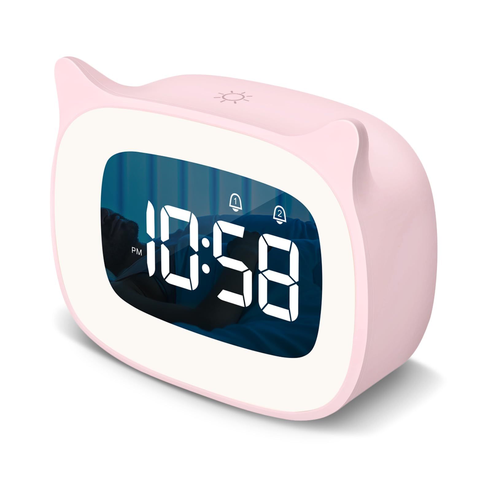 Kids Alarm Clock with Night Light & 18 Ringtones,Rechargeable,Cute Cat Ear Clock for Boys Girls Birthday Presents,Digital Clock for Children's Bedroom(Pink) - Image 2