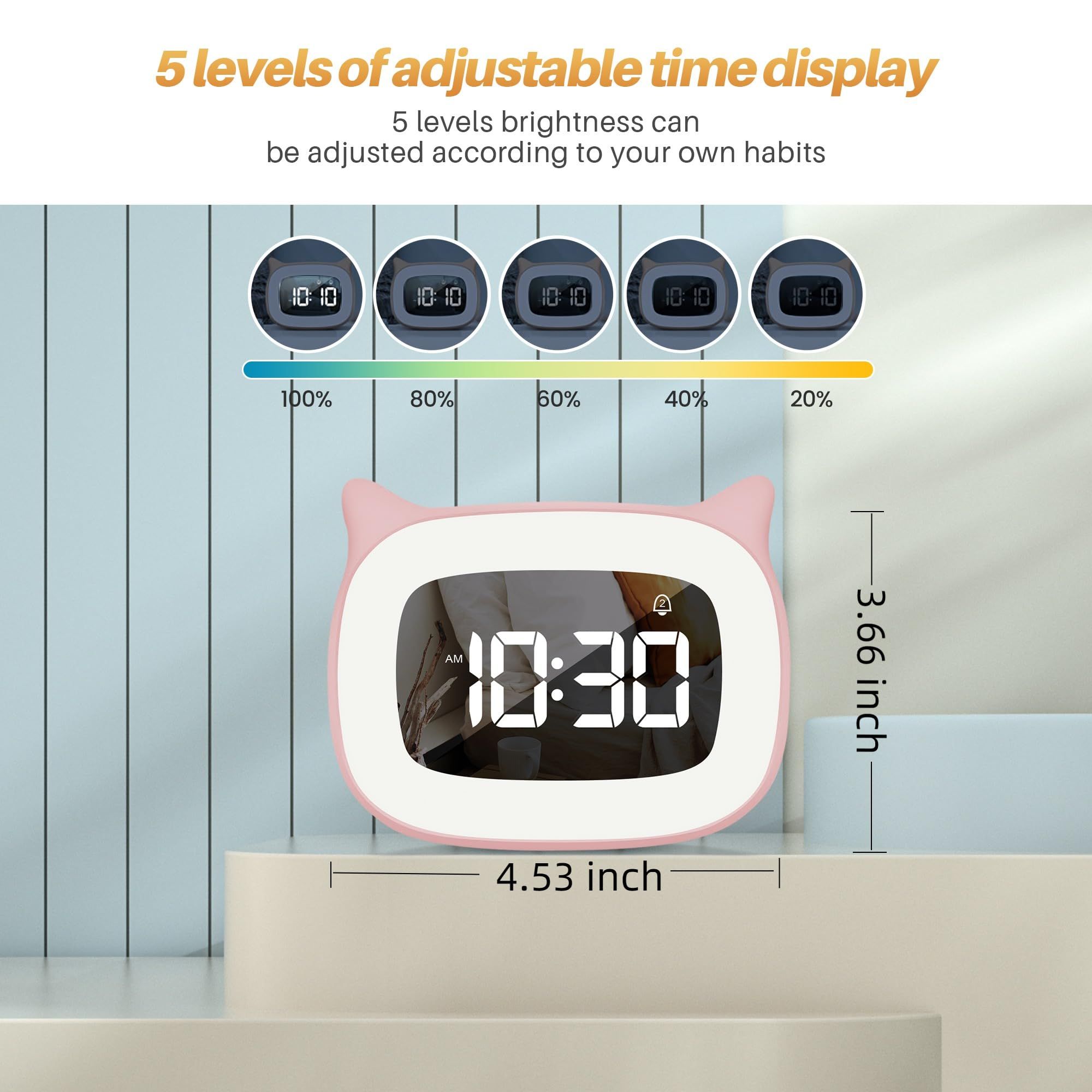 Kids Alarm Clock with Night Light & 18 Ringtones,Rechargeable,Cute Cat Ear Clock for Boys Girls Birthday Presents,Digital Clock for Children's Bedroom(Pink) - Image 3