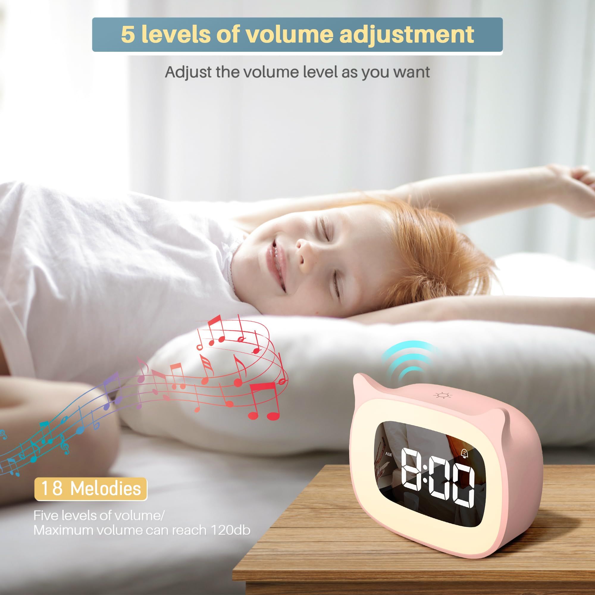 Kids Alarm Clock with Night Light & 18 Ringtones,Rechargeable,Cute Cat Ear Clock for Boys Girls Birthday Presents,Digital Clock for Children's Bedroom(Pink) - Image 4