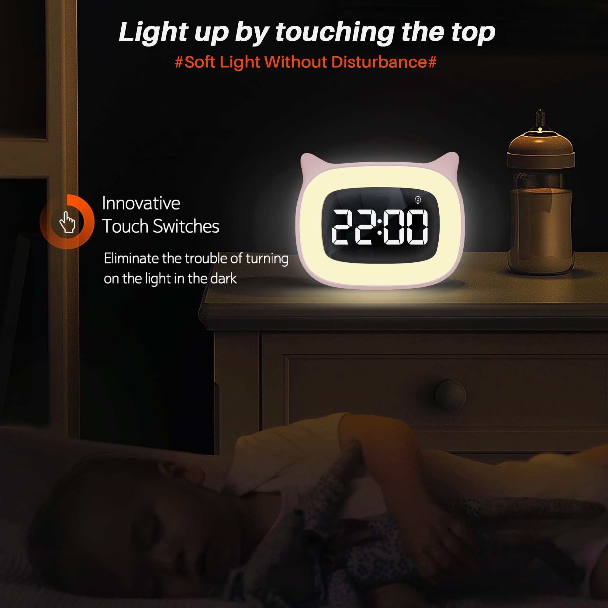Kids Alarm Clock with Night Light & 18 Ringtones,Rechargeable,Cute Cat Ear Clock for Boys Girls Birthday Presents,Digital Clock for Children's Bedroom(Pink) - Image 5