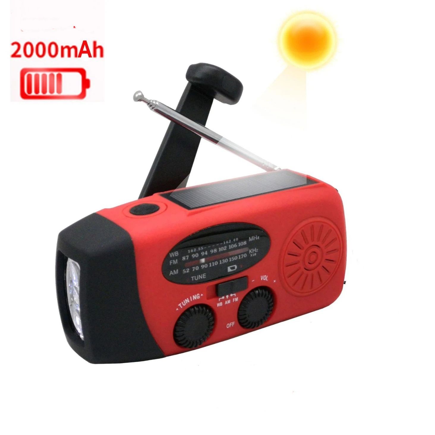 Solar Hand Crank Emergency Weather Radio,Portable Radio with 3  Flashlight 2000mAh Power Bank Cellphone Charger（red,12.9*6*5cm) - Image 1