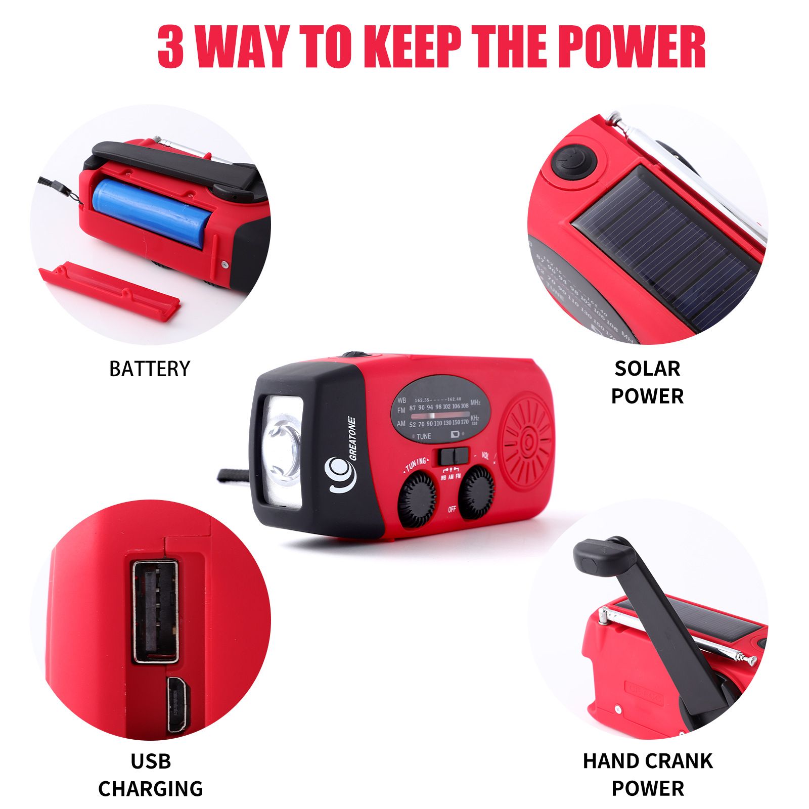 Solar Hand Crank Emergency Weather Radio,Portable Radio with 3  Flashlight 2000mAh Power Bank Cellphone Charger（red,12.9*6*5cm) - Image 2