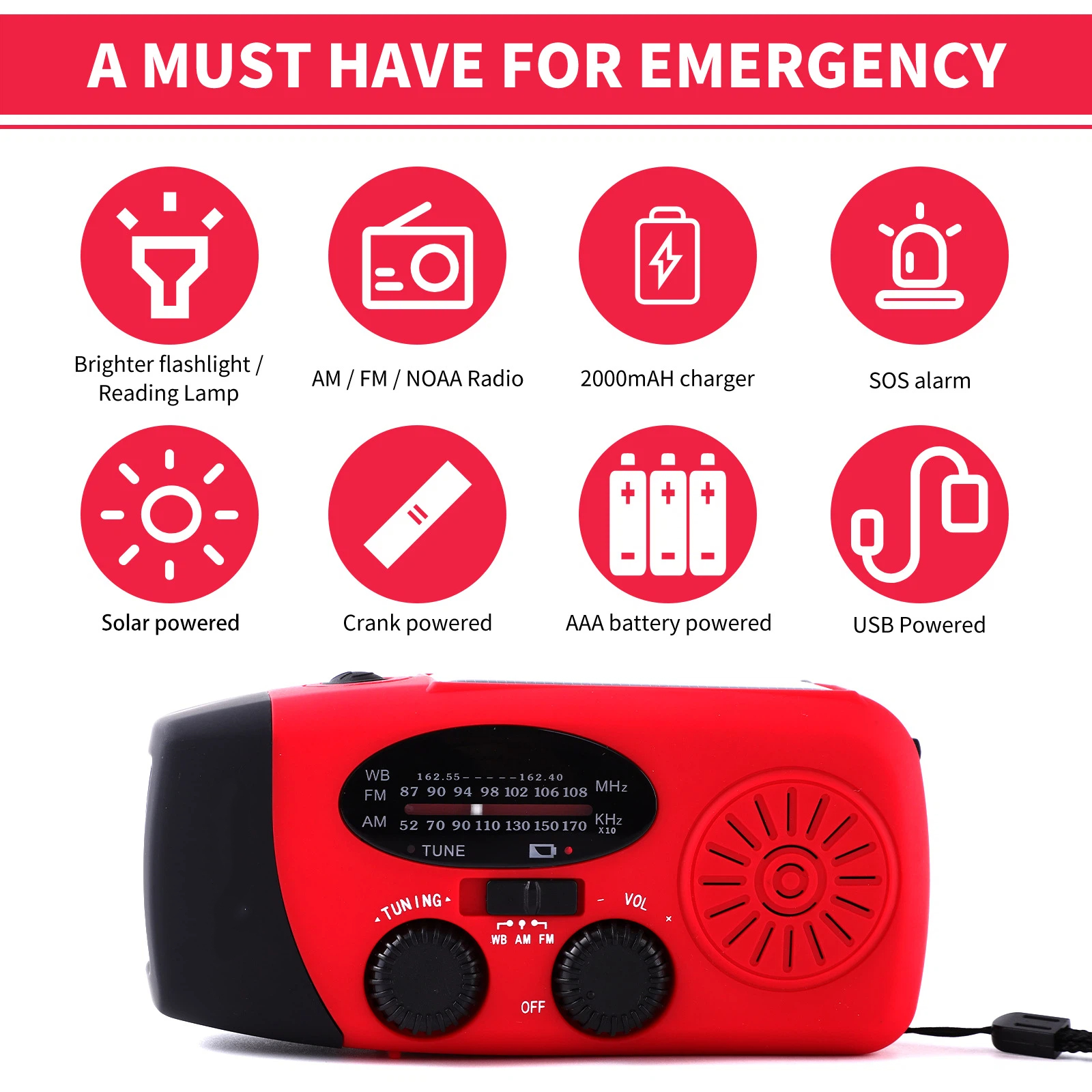 Solar Hand Crank Emergency Weather Radio,Portable Radio with 3  Flashlight 2000mAh Power Bank Cellphone Charger（red,12.9*6*5cm) - Image 3