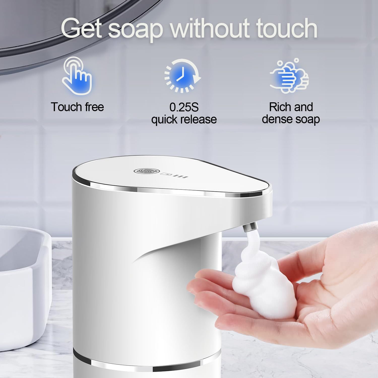 Automatic Foaming Soap Dispenser,  Rechargeable Hand Free Pump Soap Dispenser Electric Dispenser for Bathroom Countertop, Kitchen 350mL（white,19.3*11.6*7.5cm) - Image 4