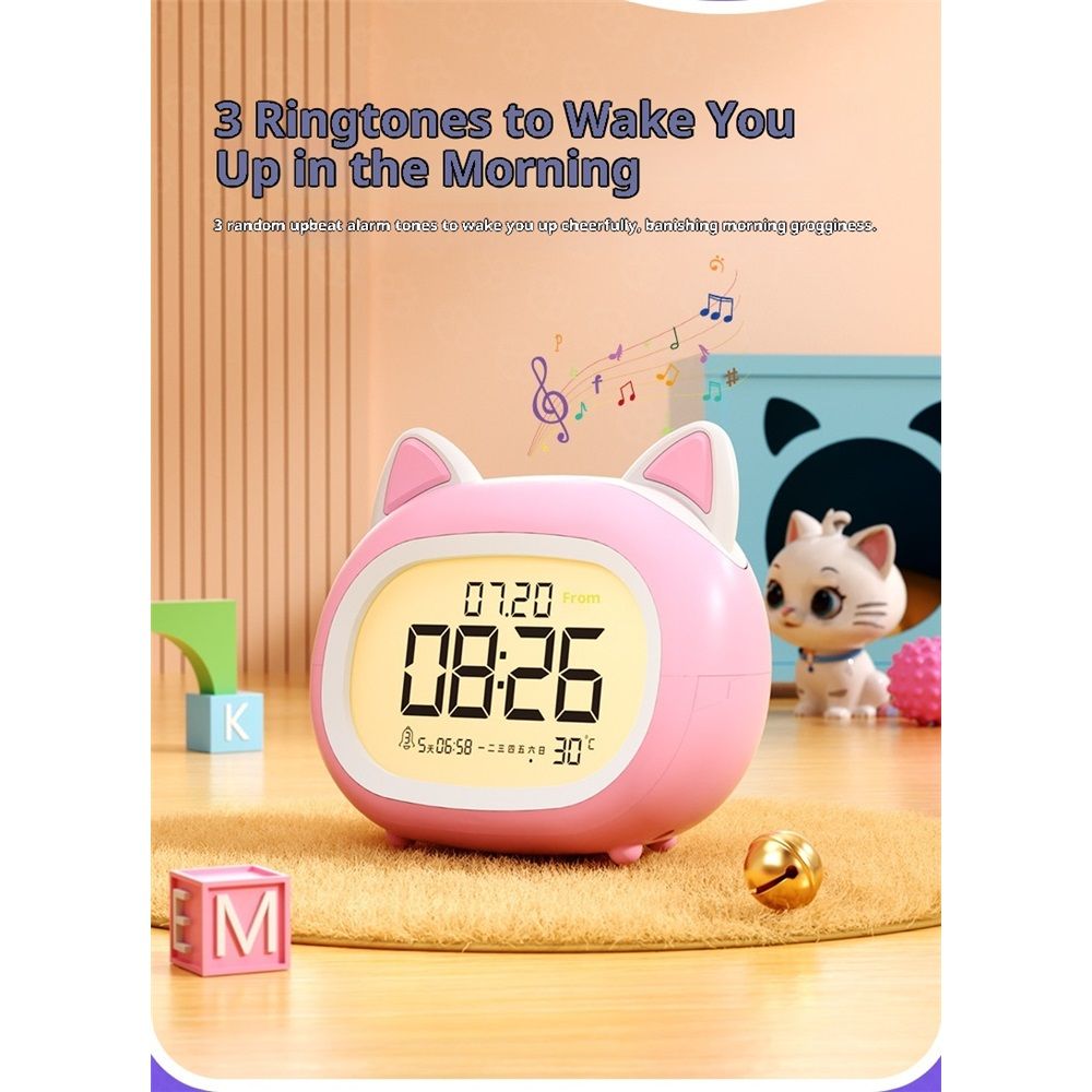 Kids Alarm Clock with Night Light for Kids, Small Digital Alarm Clocks for Bedrooms, Routine Builder, Cute Cat Alarm Clock with Sleep Training, Date & Day, Temperature, USB Port - Image 3