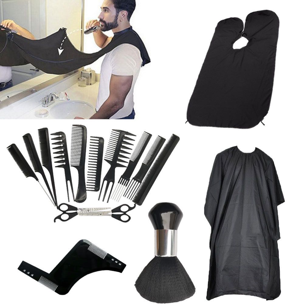 Generic Professional Hairdressing Kit 16 Pieces: Scissors, Combs, Umbrella Cape, Apron and Accessories for Barbers and Stylists, Black - Image 1