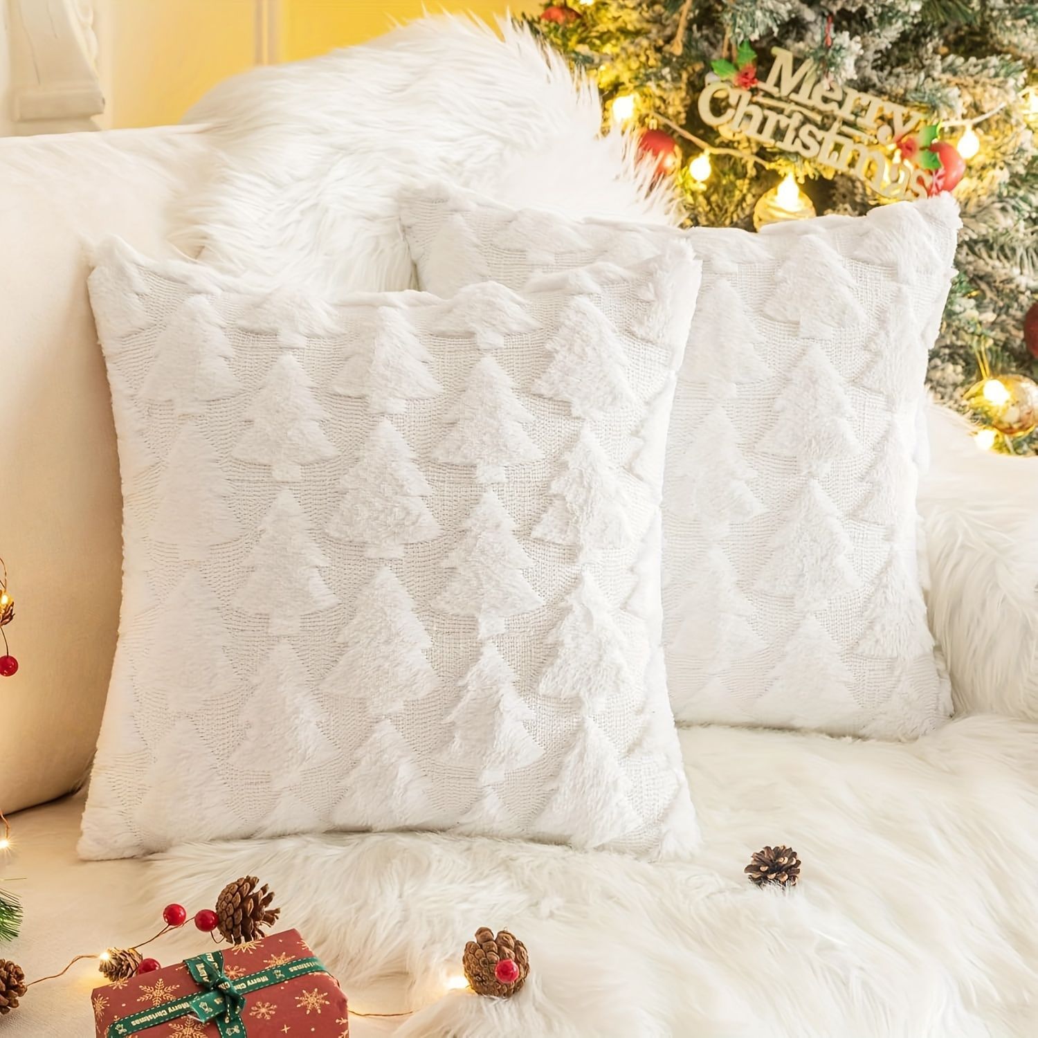 Christmas Tree Pillow Covers 18x18 inch Set of 2pcs Christmas Decoration Beige Soft Plush Faux Fur Jacquard Throw Pillows for Bedroom Sofa Holiday Festivals Winter Home Decor (white) - Image 1