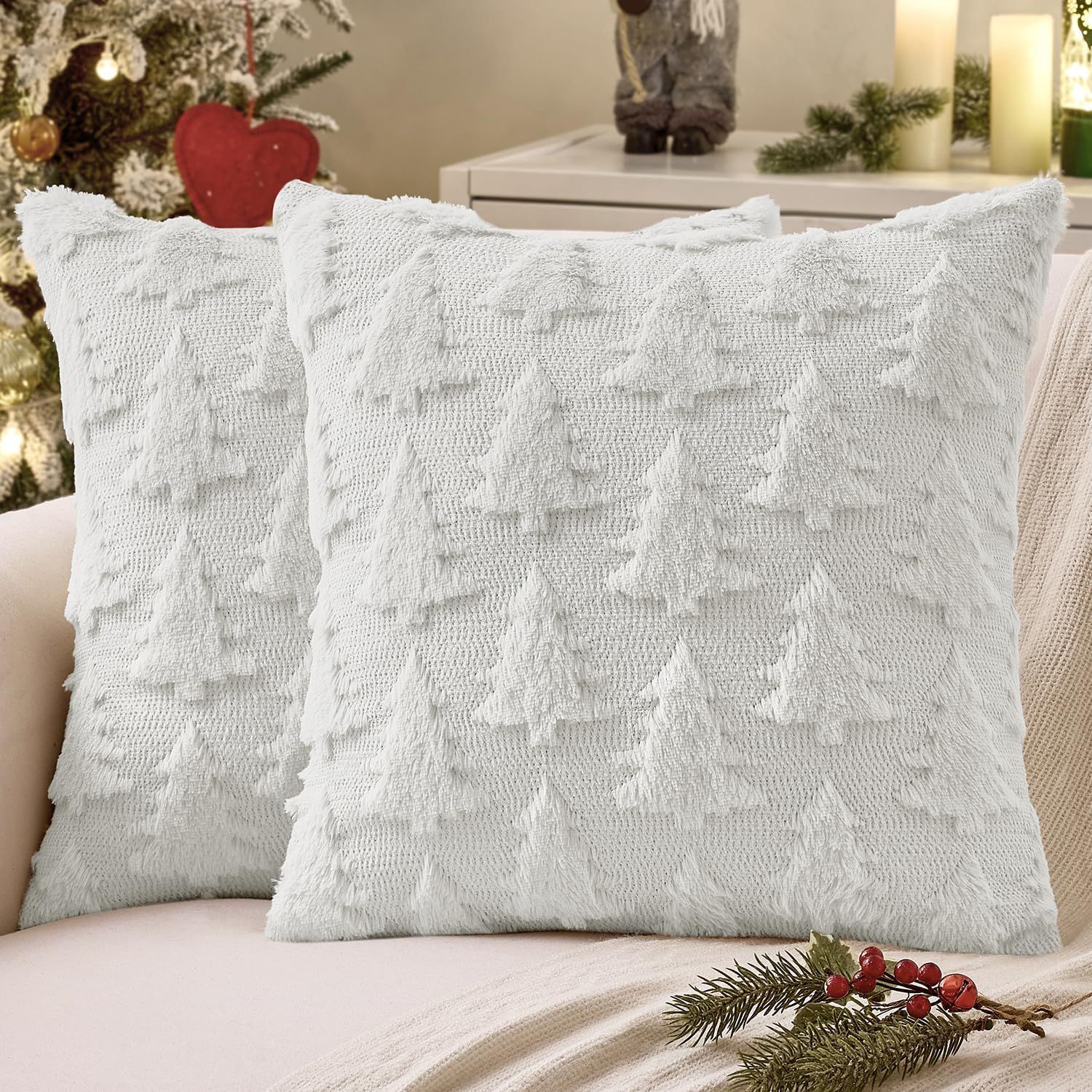 Christmas Tree Pillow Covers 18x18 inch Set of 2pcs Christmas Decoration Beige Soft Plush Faux Fur Jacquard Throw Pillows for Bedroom Sofa Holiday Festivals Winter Home Decor (white) - Image 2