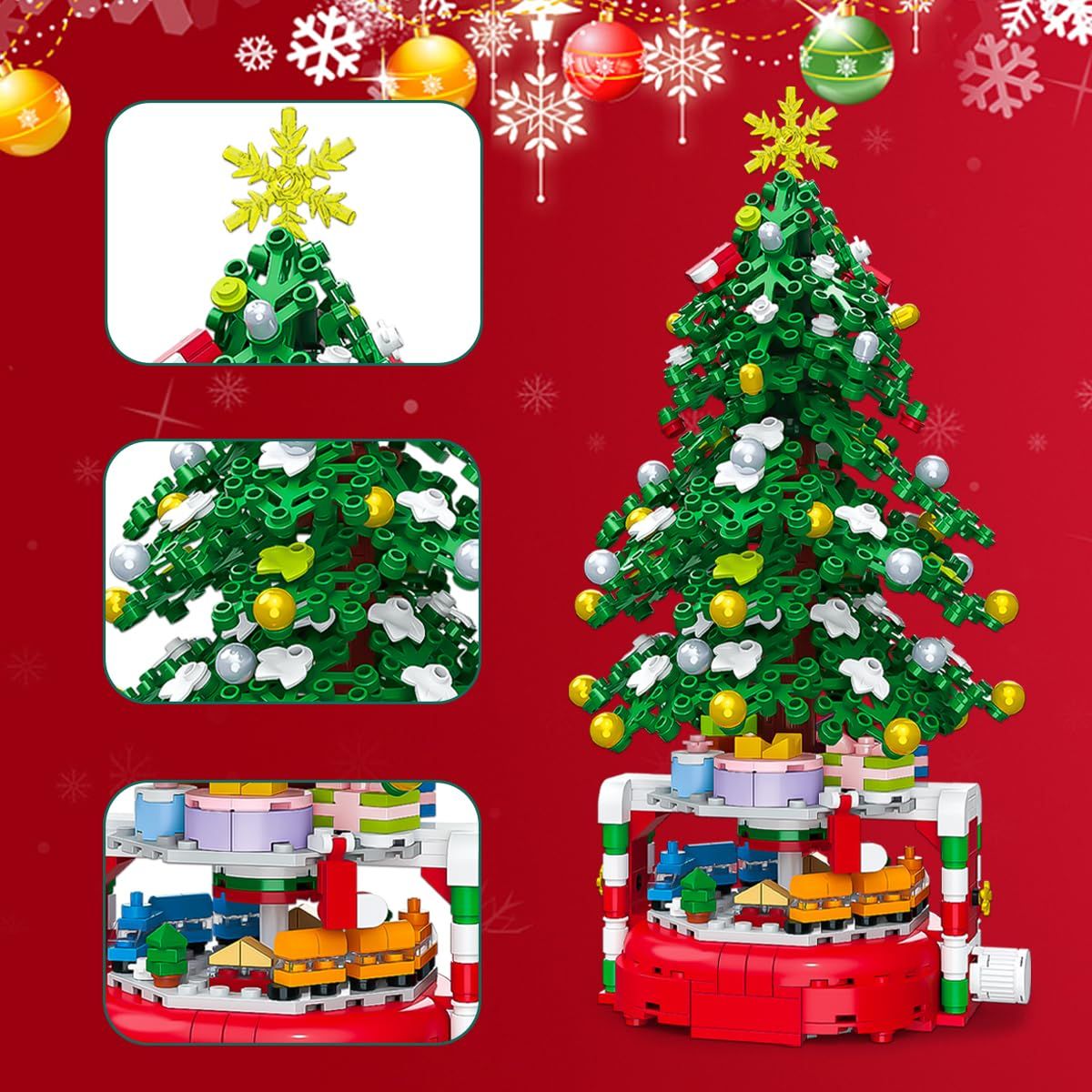 Christmas Tree Building Block Set, 220 Pieces, Rotating Base with Ornaments and Star, Holiday Building Toy, Stocking Stuffers for Kids, Gifts for Boys & Girls（Assembly completed size27.7*14.6cm） - Image 2