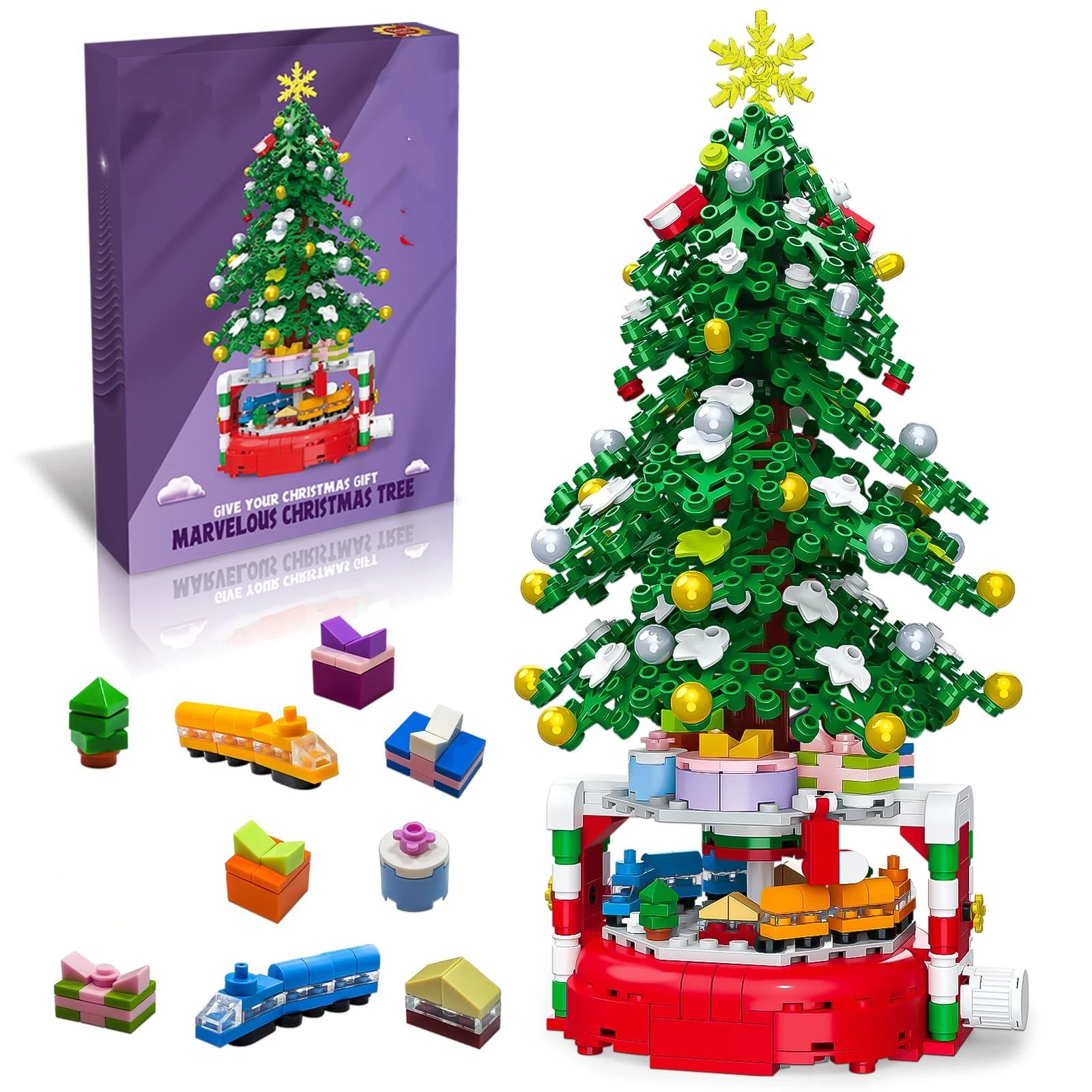 Christmas Tree Building Block Set, 220 Pieces, Rotating Base with Ornaments and Star, Holiday Building Toy, Stocking Stuffers for Kids, Gifts for Boys & Girls（Assembly completed size27.7*14.6cm） - Image 3