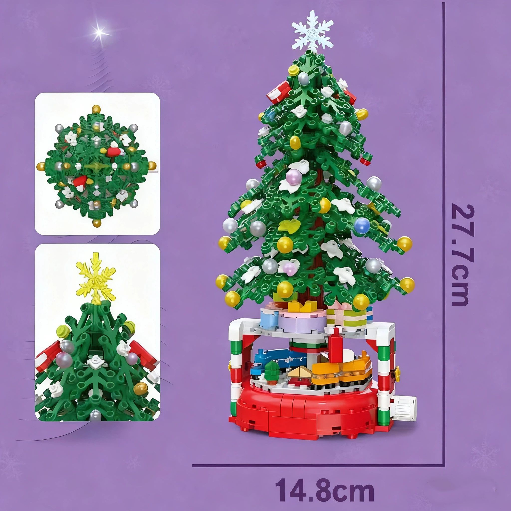 Christmas Tree Building Block Set, 220 Pieces, Rotating Base with Ornaments and Star, Holiday Building Toy, Stocking Stuffers for Kids, Gifts for Boys & Girls（Assembly completed size27.7*14.6cm） - Image 4