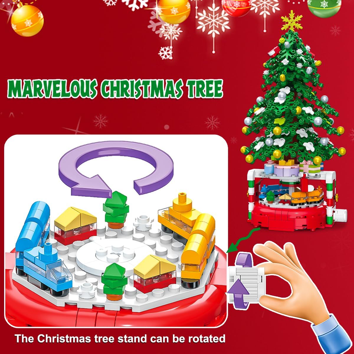 Christmas Tree Building Block Set, 220 Pieces, Rotating Base with Ornaments and Star, Holiday Building Toy, Stocking Stuffers for Kids, Gifts for Boys & Girls（Assembly completed size27.7*14.6cm） - Image 5