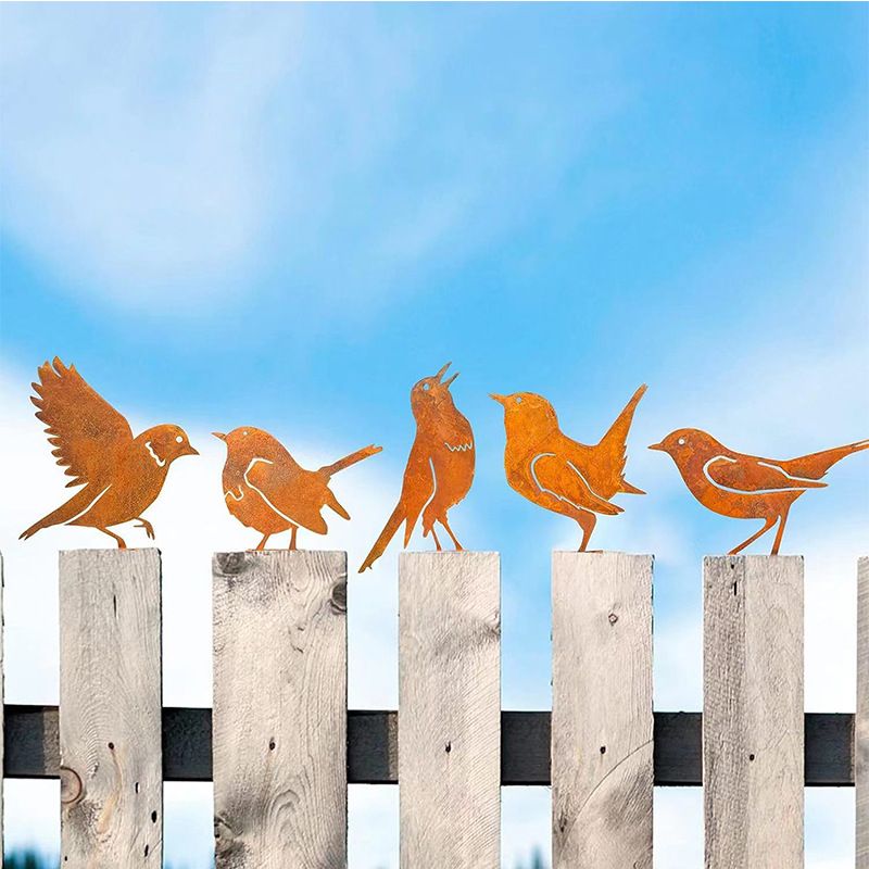 Metal Yard Art, Yard Decorations Outdoor, Metal Bird Wall Art, Fence Decorations Outdoor, Rustic Garden Decor, Garden Sculptures Statues, Bird Lover Gifts (Pack of 5) - Image 1