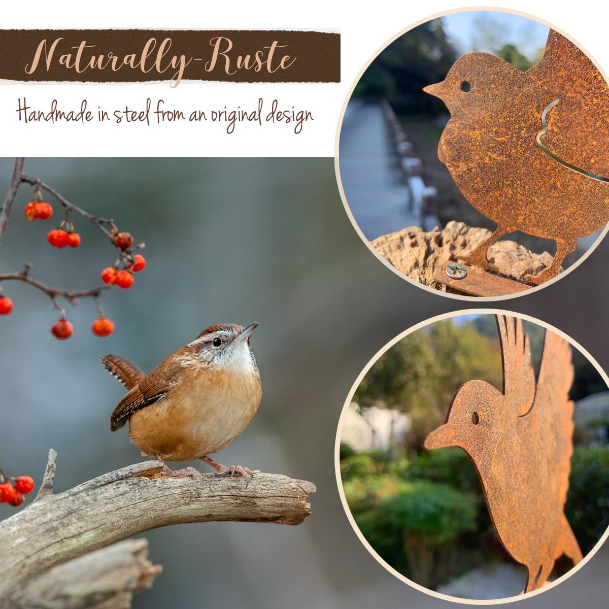 Metal Yard Art, Yard Decorations Outdoor, Metal Bird Wall Art, Fence Decorations Outdoor, Rustic Garden Decor, Garden Sculptures Statues, Bird Lover Gifts (Pack of 5) - Image 2