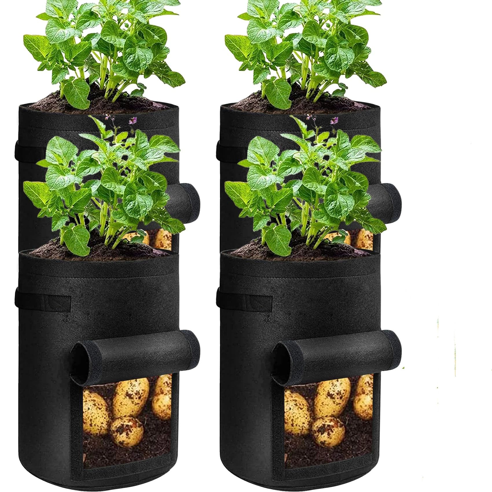 Potato Grow Bags with Flap 4 Gallon, Planter Pot with Handles and Harvest Window for Potato Tomato and Vegetables, Black 4 Pcs - Image 1