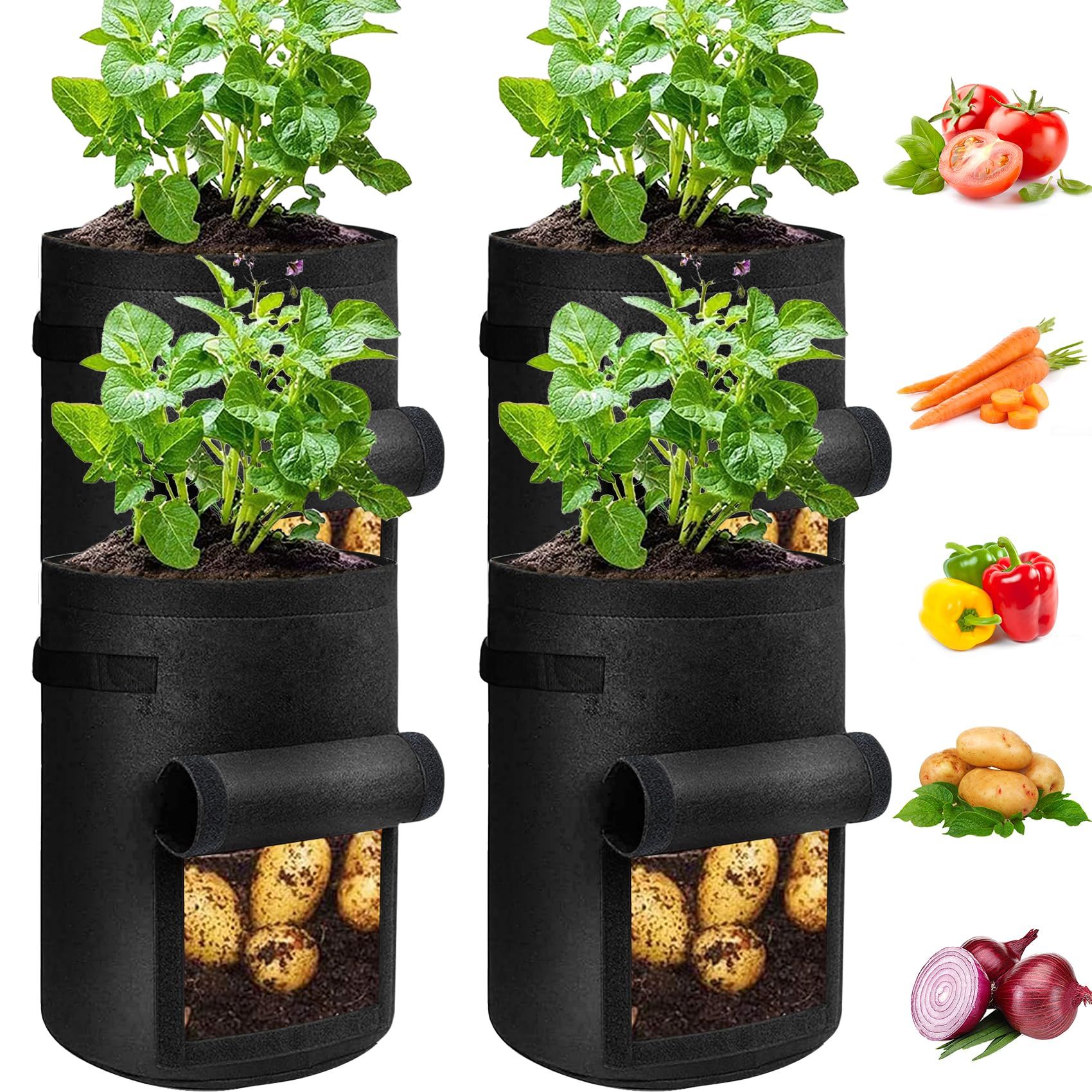 Potato Grow Bags with Flap 4 Gallon, Planter Pot with Handles and Harvest Window for Potato Tomato and Vegetables, Black 4 Pcs - Image 3