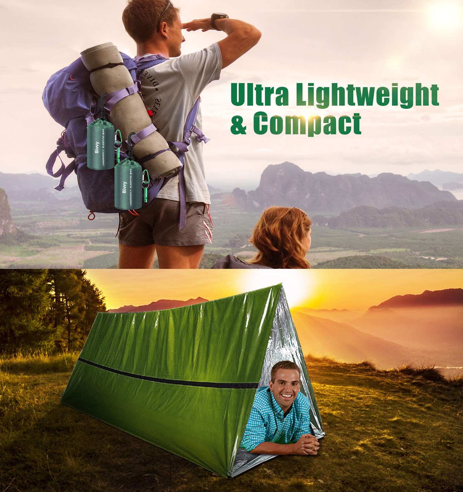 Emergency Sleeping Bag, Portable Emergency Blanket Thermal Bivy Sack, Waterproof Lightweight Survival Gear with Compass for Camping Hiking Outdoor Adventure240*150cm，3pcs，green，Send a whistle - Image 4