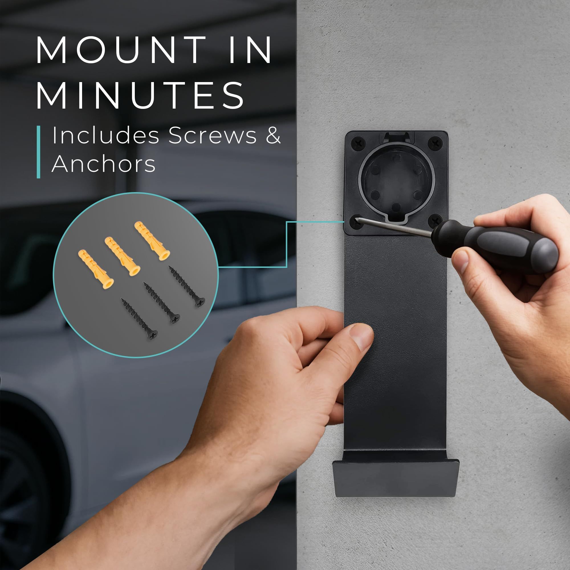 Electric Vehicle Charger Nozzle Holster Dock & J-Hook for Cable Management - Tesla Charger Cord Organizer Compatible with Mobile Connector & Wall Connector，7.4*5*23cmThe packaging includes a base, a hook, four screws, and four expansion wires， J1772 model - Image 5