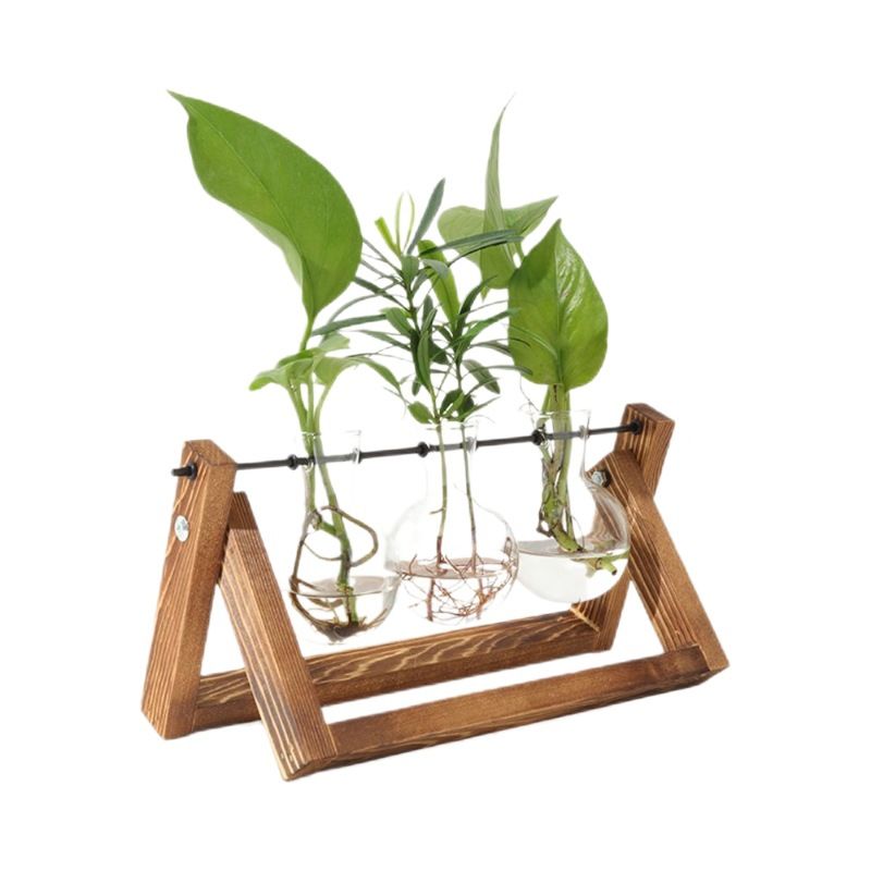 Plant Terrarium with Wooden Stand, Air Planter Bulb Glass Vase Metal Swivel Holder Retro Tabletop for Hydroponics Home Garden Office Decoration - 3 Bulb Vase - Image 1