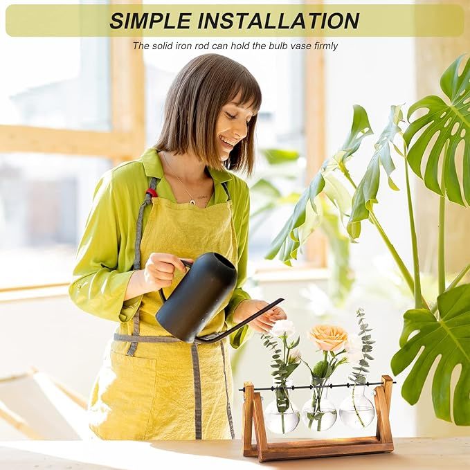 Plant Terrarium with Wooden Stand, Air Planter Bulb Glass Vase Metal Swivel Holder Retro Tabletop for Hydroponics Home Garden Office Decoration - 3 Bulb Vase - Image 3