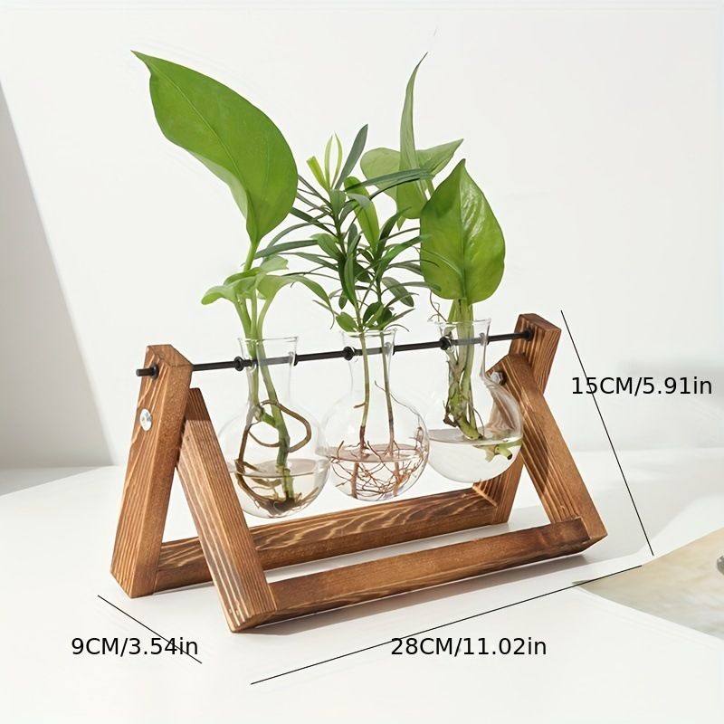 Plant Terrarium with Wooden Stand, Air Planter Bulb Glass Vase Metal Swivel Holder Retro Tabletop for Hydroponics Home Garden Office Decoration - 3 Bulb Vase - Image 5