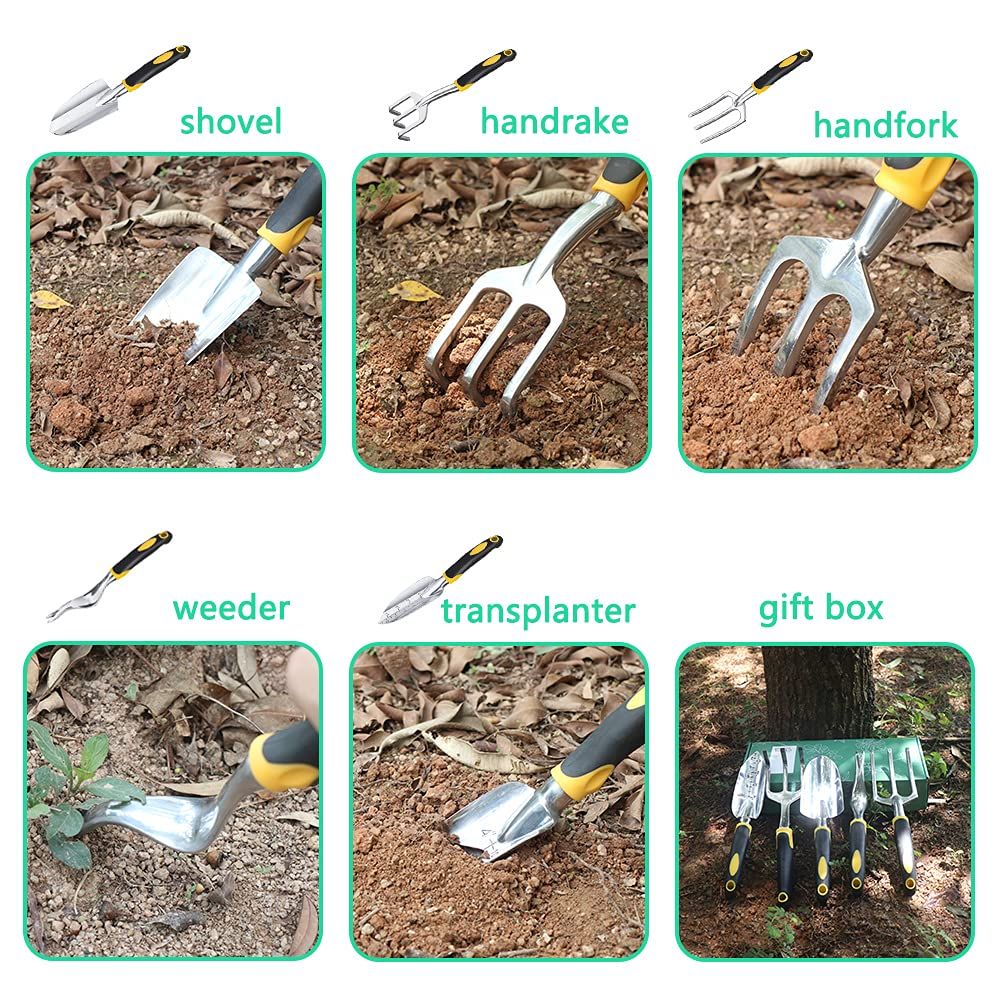 5 Piece Garden Garden Tools Kit，Gardening Tools with Non-Slip Rubber Grip, Transplanter, Cultivator and More，Ideal Garden Kit Gifts for Parents and Kids - Image 4