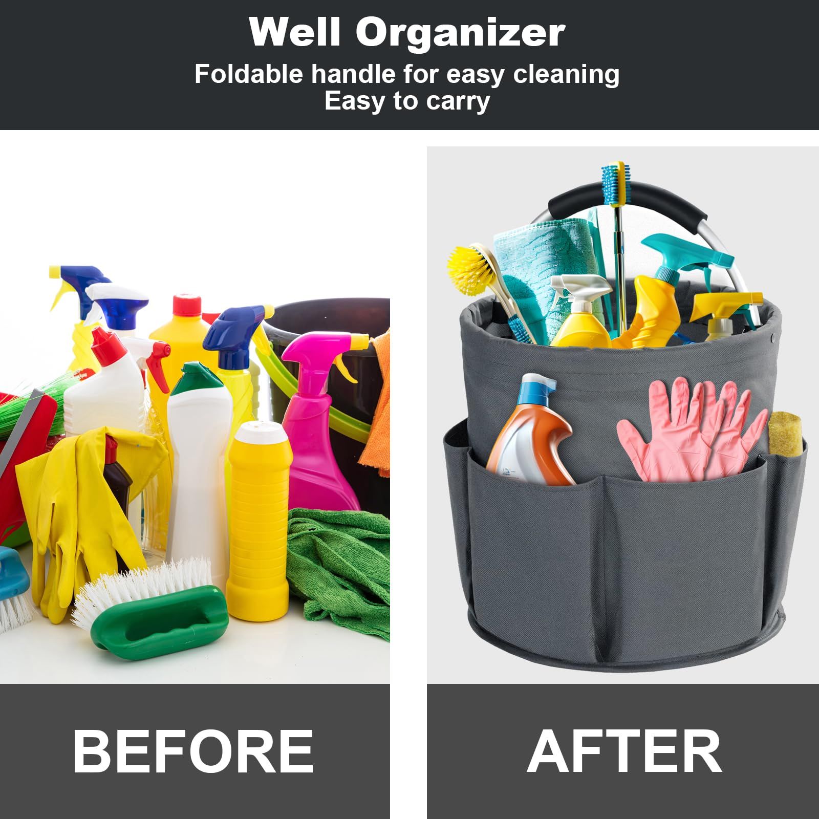 28cm Foldable Storage Basket, Cleaning Caddy Organiser, Portable Multi Cleaning Bucket Bag for Home, Garden (Dark Grey)The packaging only includes one tool basket - Image 2