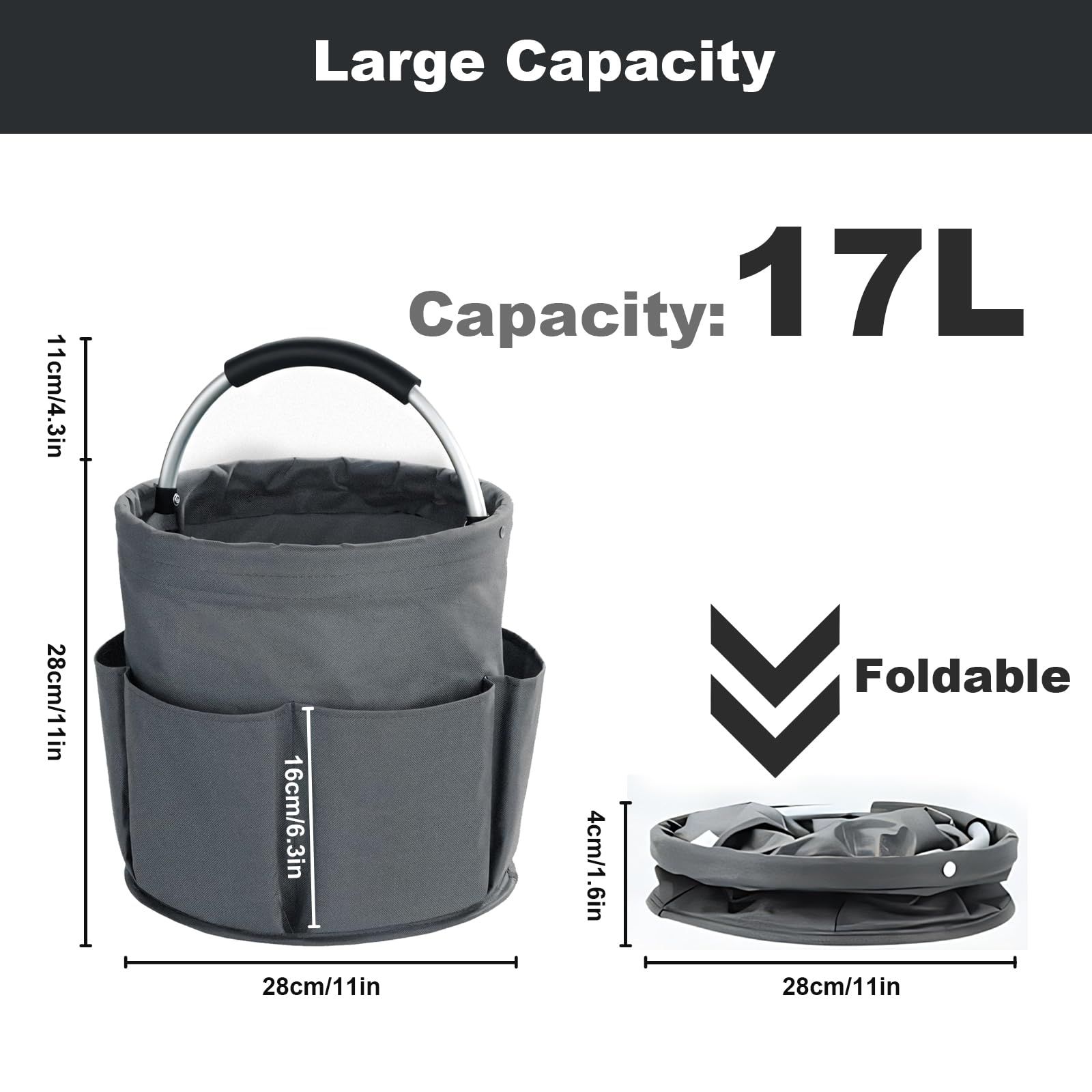 28cm Foldable Storage Basket, Cleaning Caddy Organiser, Portable Multi Cleaning Bucket Bag for Home, Garden (Dark Grey)The packaging only includes one tool basket - Image 3