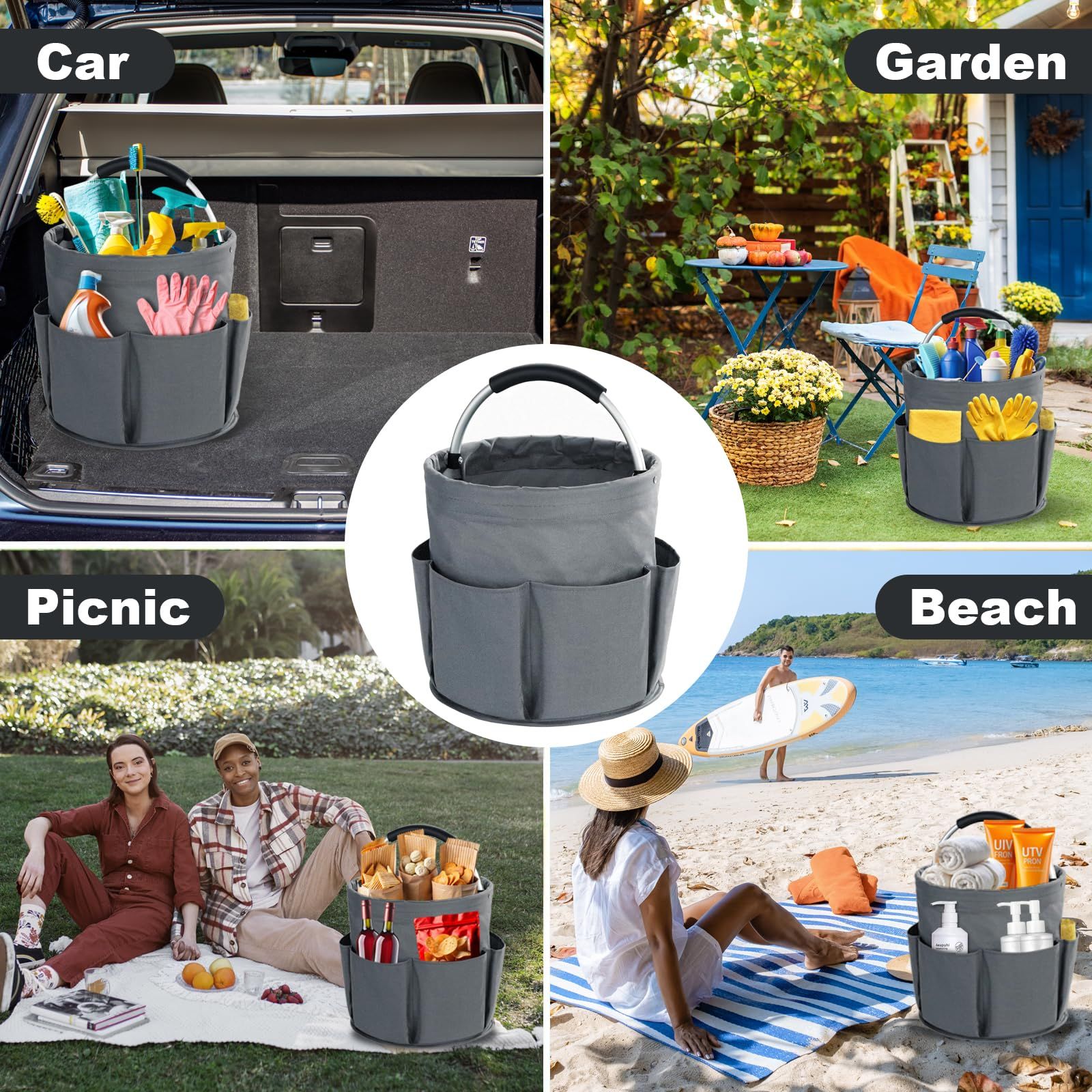 28cm Foldable Storage Basket, Cleaning Caddy Organiser, Portable Multi Cleaning Bucket Bag for Home, Garden (Dark Grey)The packaging only includes one tool basket - Image 5