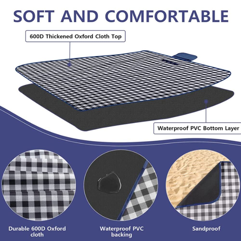 Picnic Blanket Waterproof Beach Rug 150*100cm Picnic Mat Washable Lightweight with Handle Navy Blue Checkered for Hiking Travelling Outdoor Camping,Parks（Darke Blue） - Image 2