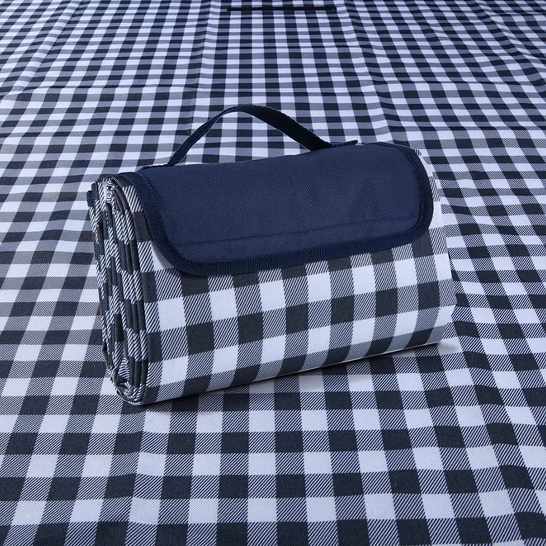 Picnic Blanket Waterproof Beach Rug 150*100cm Picnic Mat Washable Lightweight with Handle Navy Blue Checkered for Hiking Travelling Outdoor Camping,Parks（Darke Blue） - Image 3