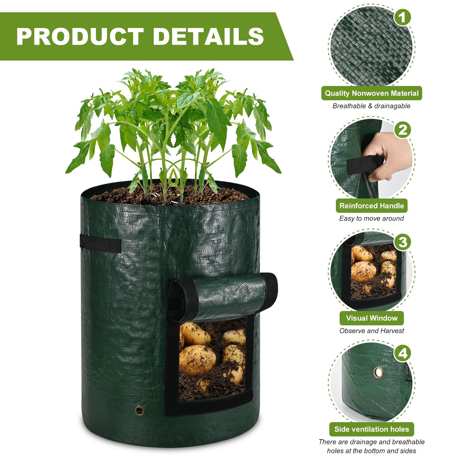 Potato Grow Bags Grow Bags 5 Pack, Heavy Fabric Planters with Harvest Window, Great for Growing Tomatoes, Vegetables and Fruits in The Garden - Image 2